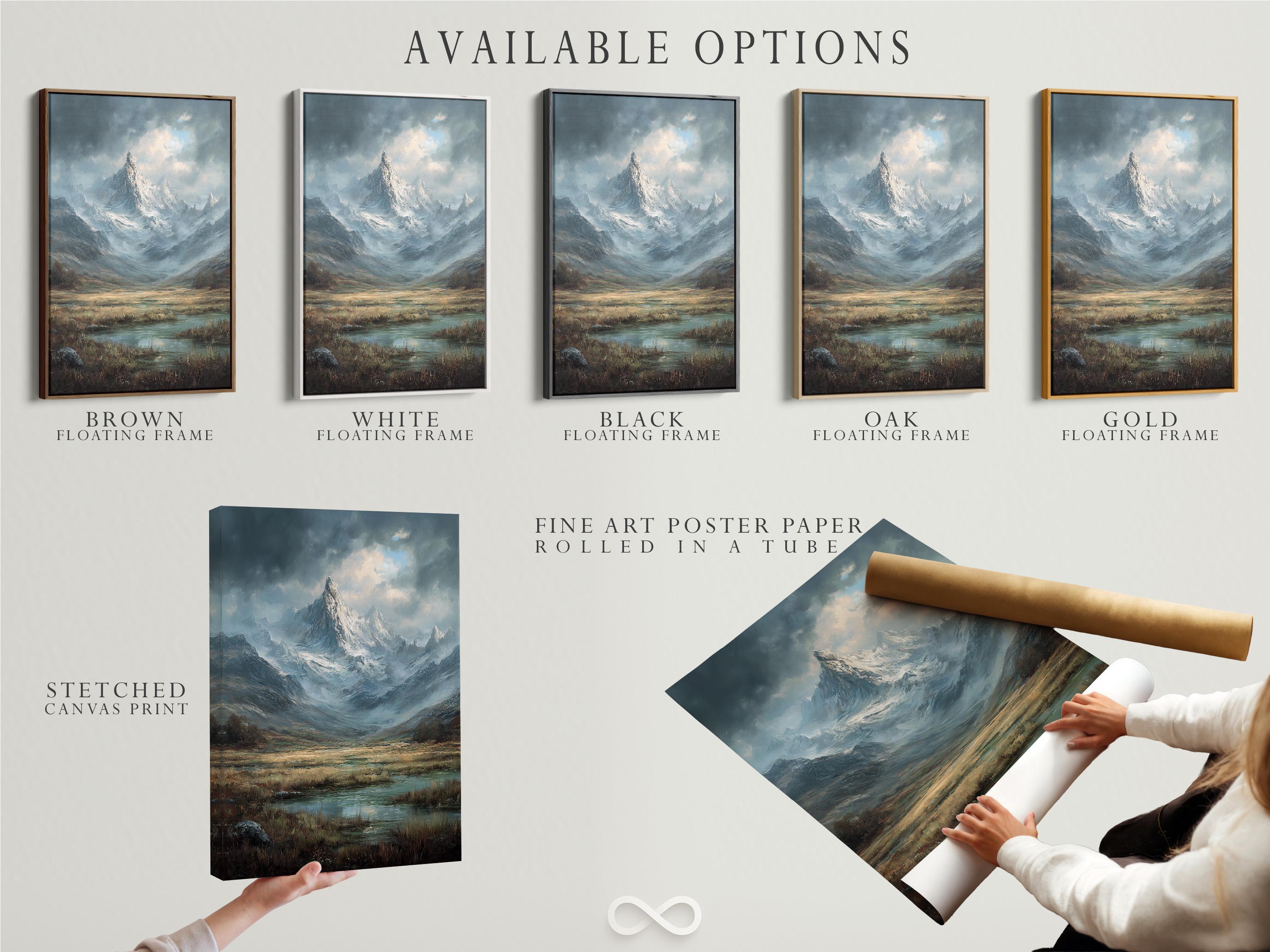 Room mockup showing a framed mountain landscape artwork on a wall