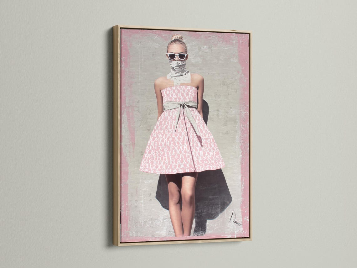 Room mockup showing a framed artwork with a stylised woman in a pink patterned dress