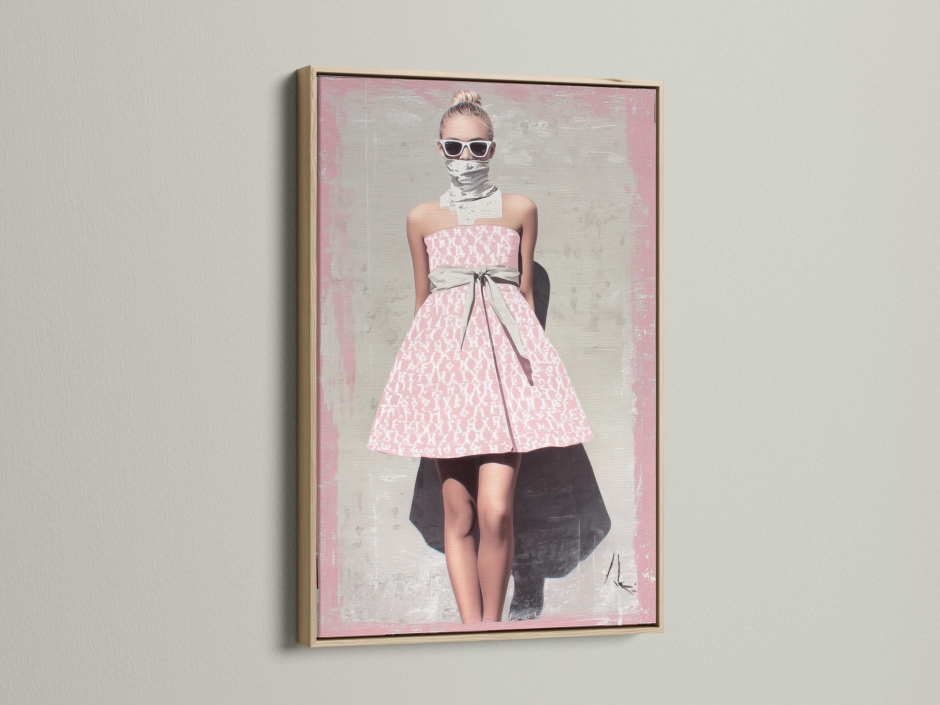 Room mockup showing a framed artwork with a stylised woman in a pink patterned dress