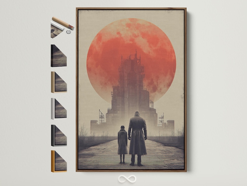 Dystopian scene of two people walking toward an industrial building under a large red sun