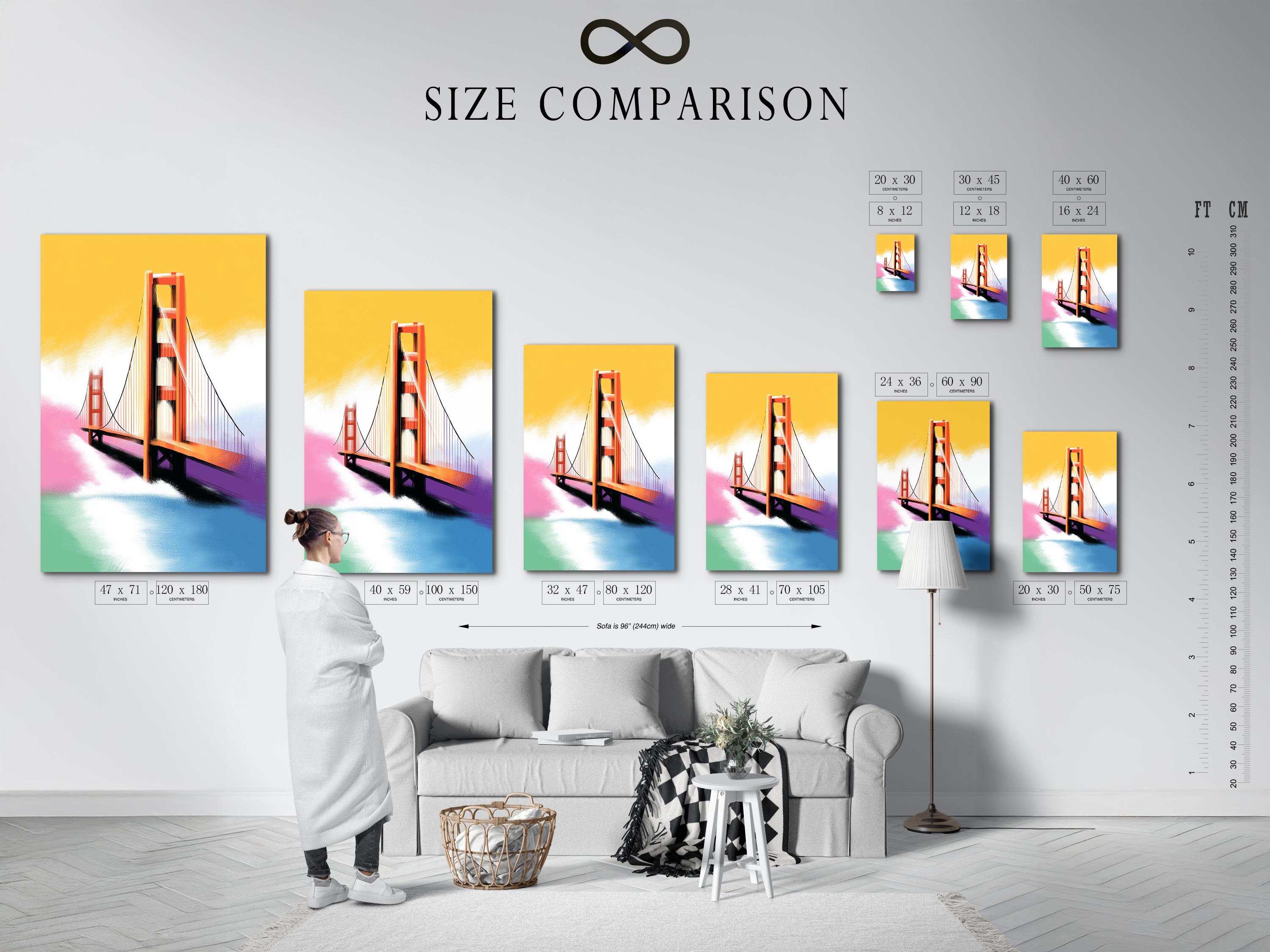 Bridge artwork in a framed display on a light background, with small colour swatches shown around it