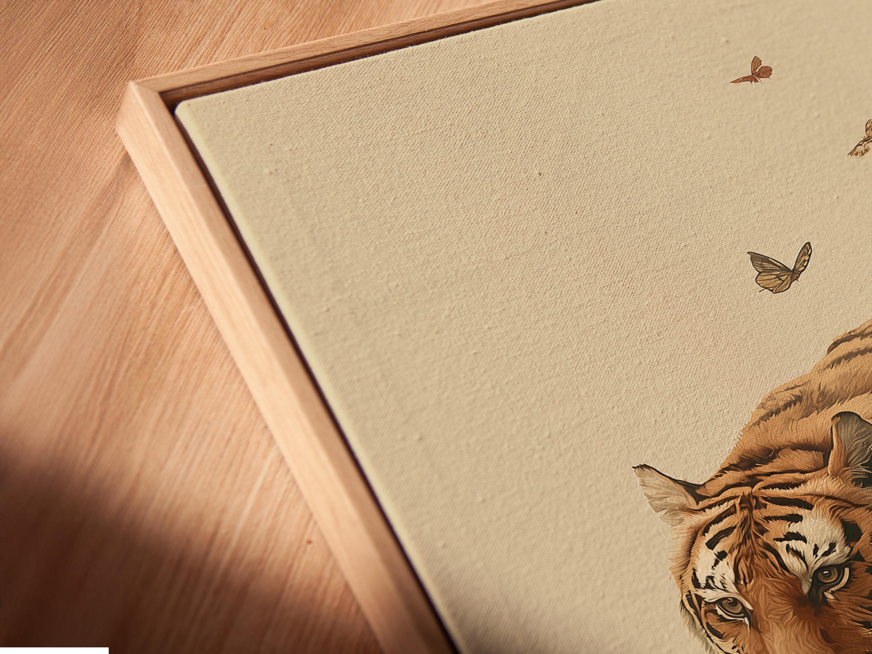 Framed tiger and flowers botanical artwork mockup
