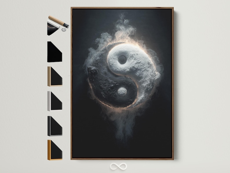 Monochrome yin yang symbol with smoky swirling texture and a glowing rim on a dark background