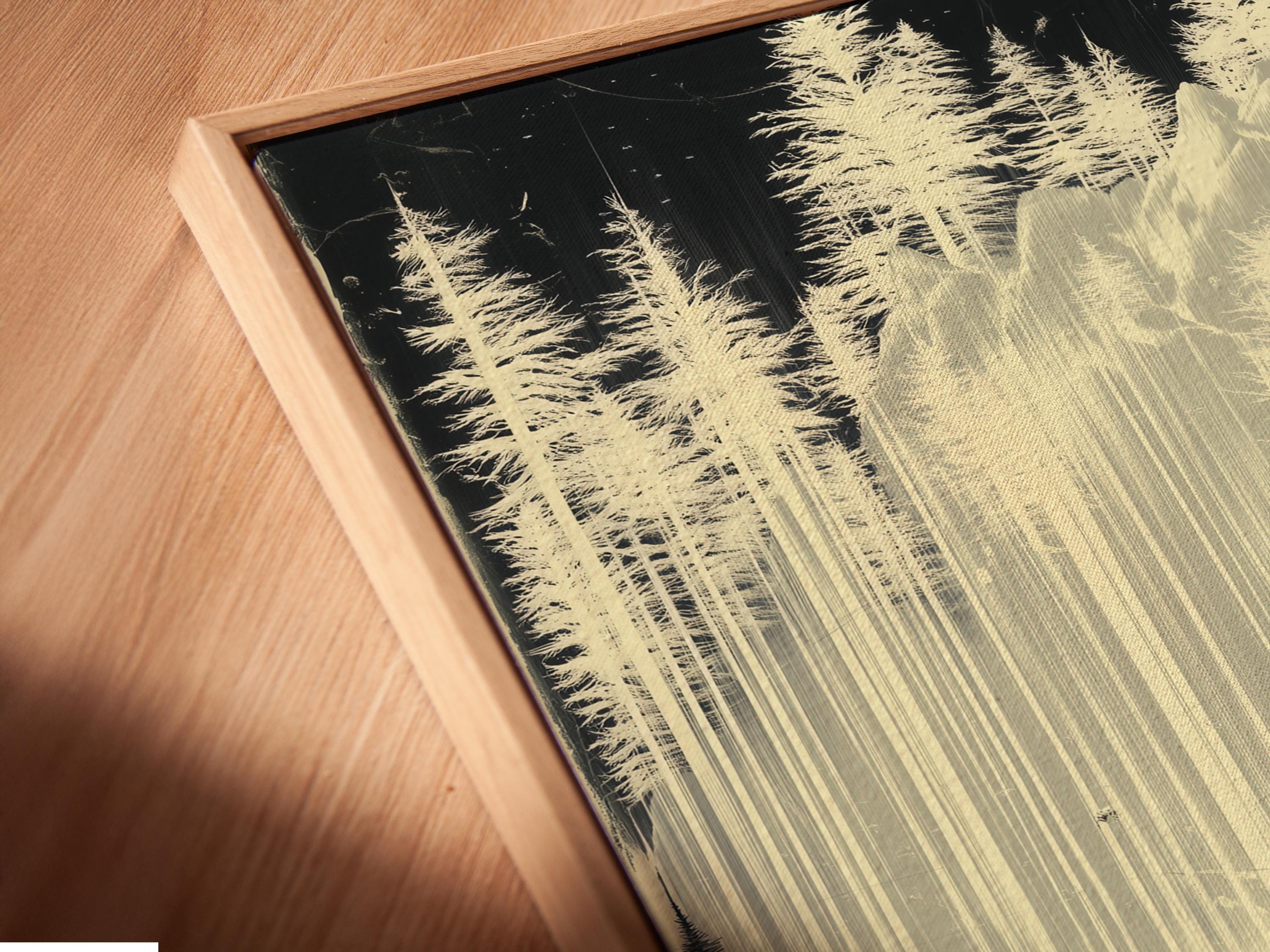 Room mockup showing a framed misty lake wildlife landscape artwork