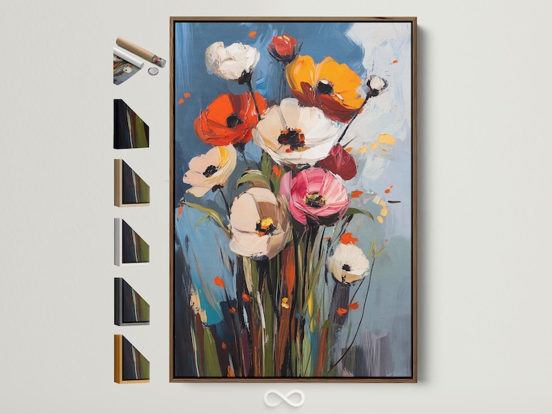 Painterly bouquet of poppy-like flowers in orange, red, pink and cream on a blue background