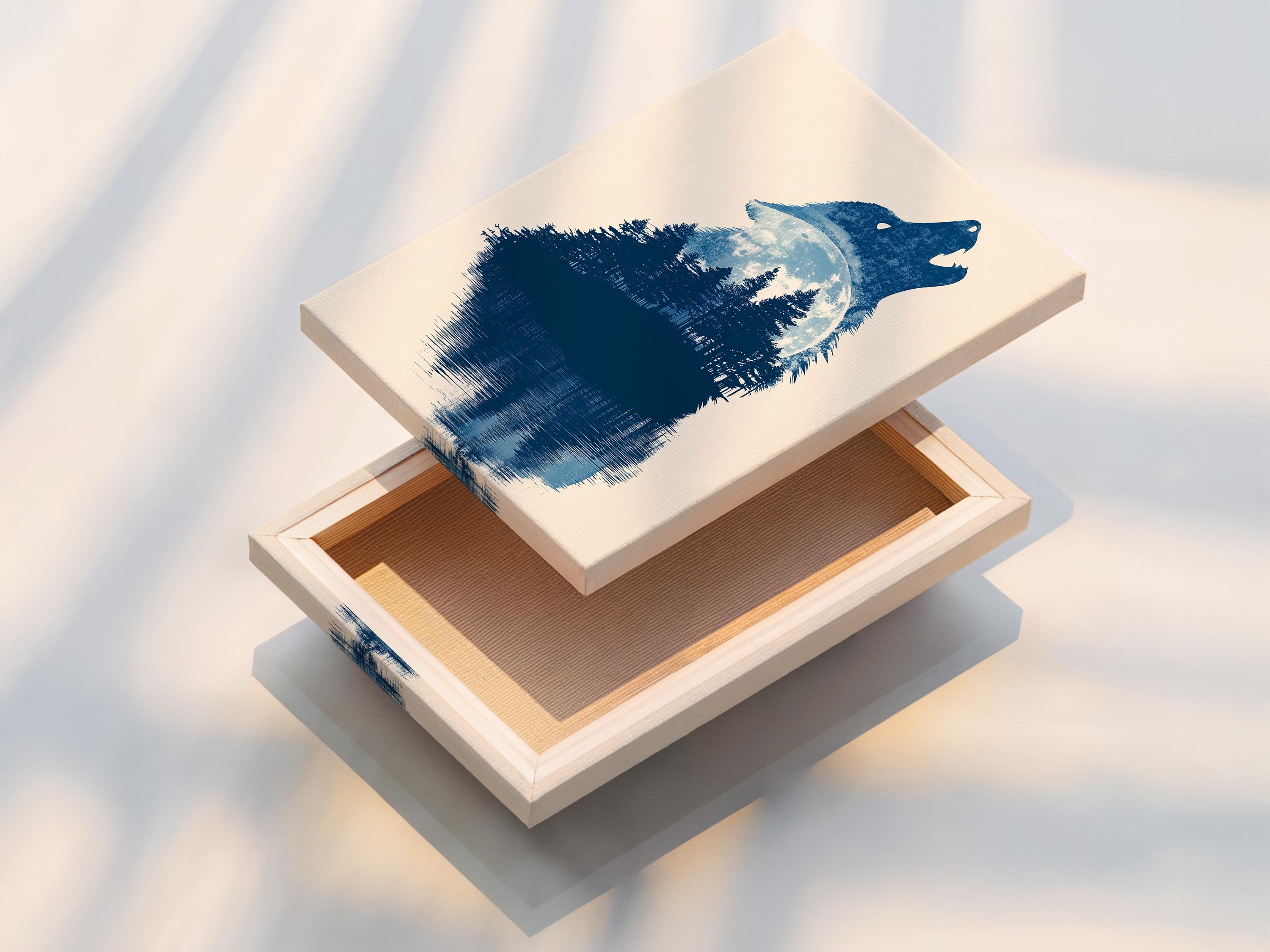 Indigo blue howling wolf silhouette filled with forest trees on a pale beige background detail view