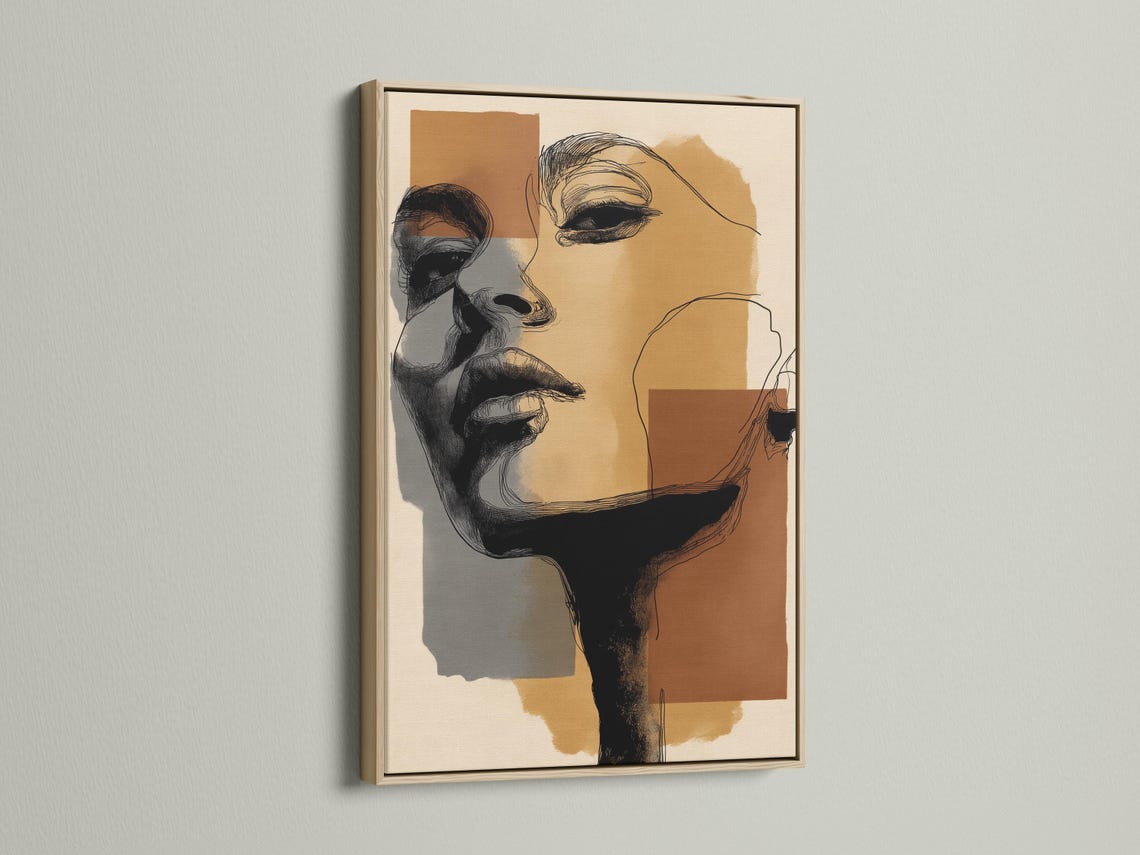 Room mockup showing a framed minimalist abstract face artwork with neutral earth-tone blocks