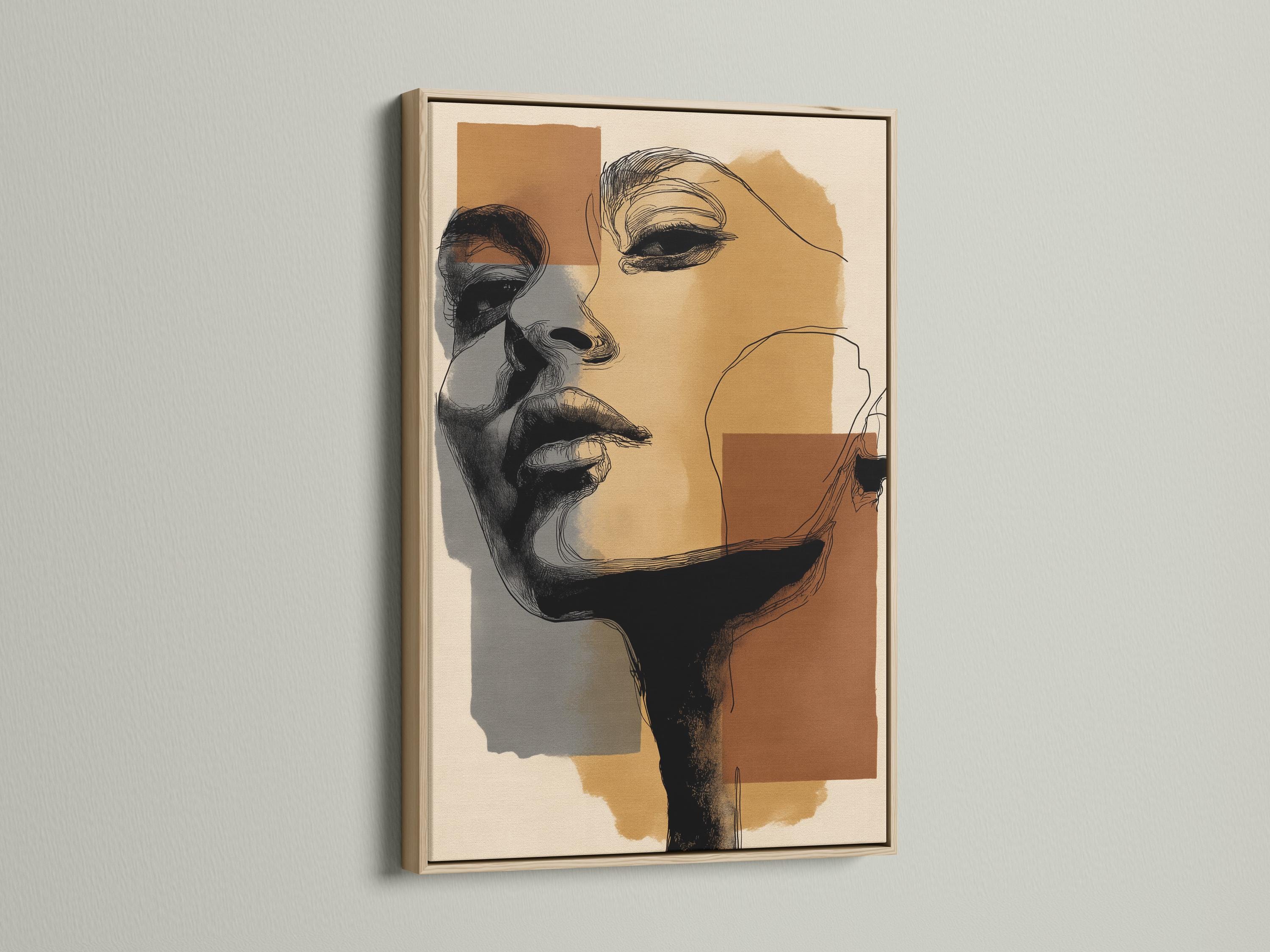 Room mockup showing a framed minimalist abstract face artwork with neutral earth-tone blocks