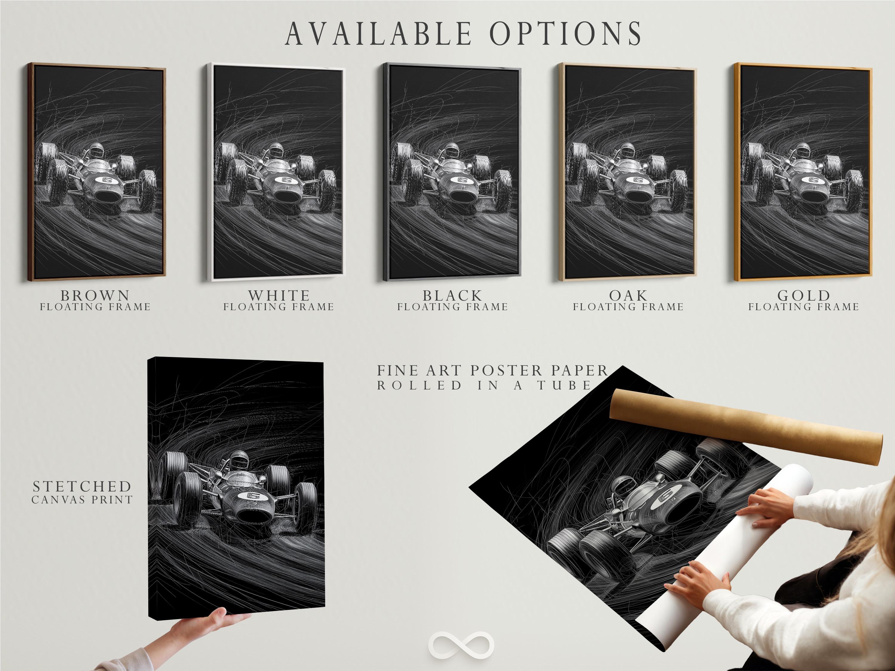 Black and white race car sketch with a helmeted driver and motion speed lines detail view