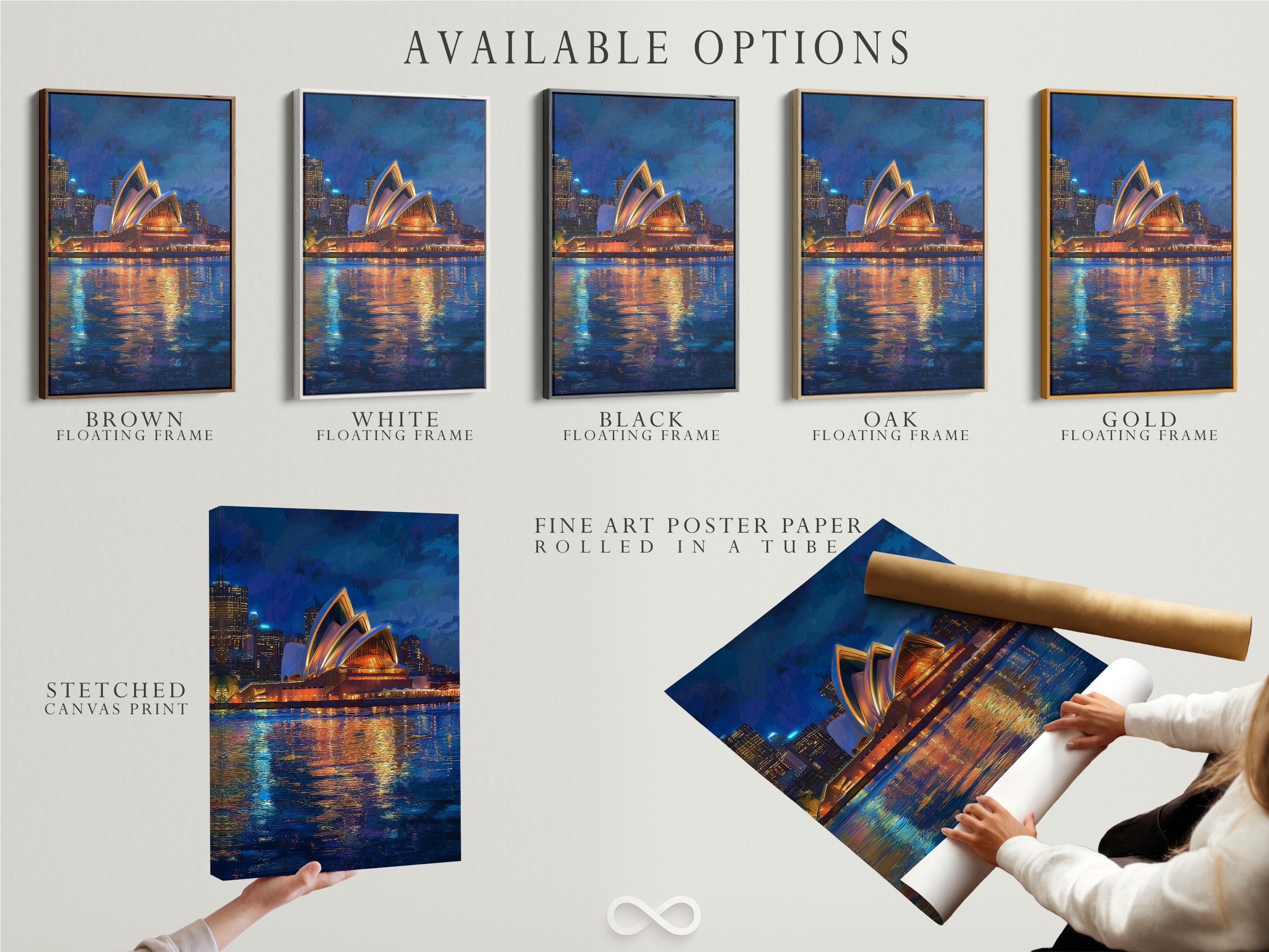 Framed night cityscape artwork featuring a glowing building and reflected lights on water