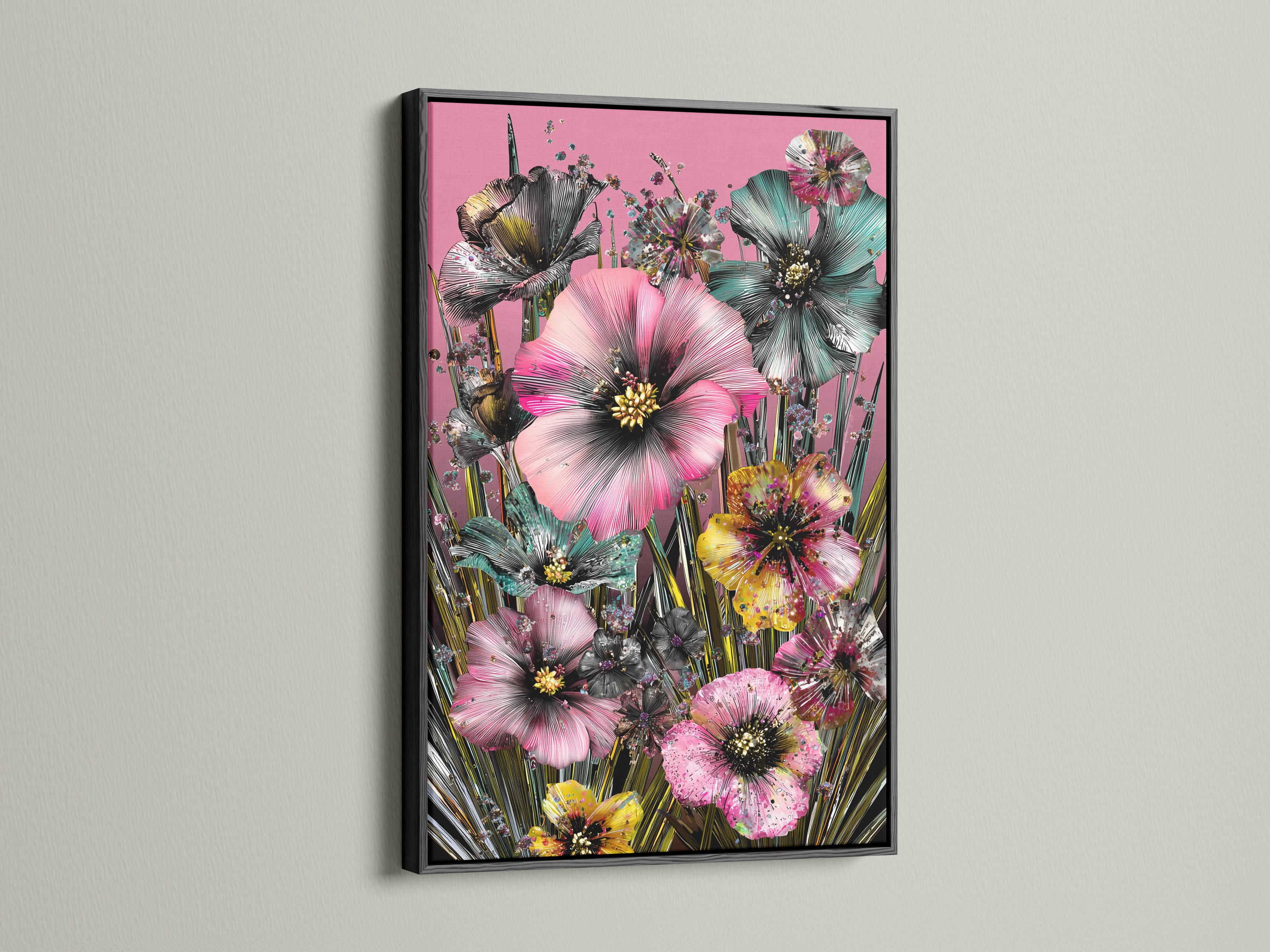 Portrait floral artwork with large pink blossoms, teal accents, dark centres and green stems on a pink background detail view