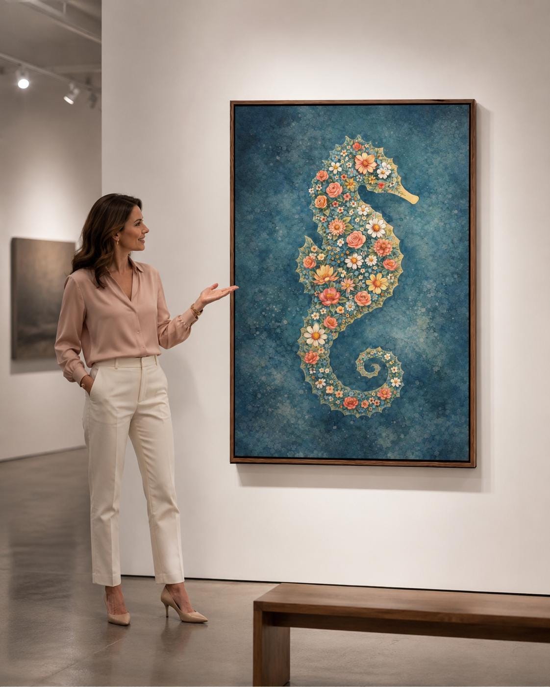 Room mockup showing a framed floral seahorse artwork above a sofa