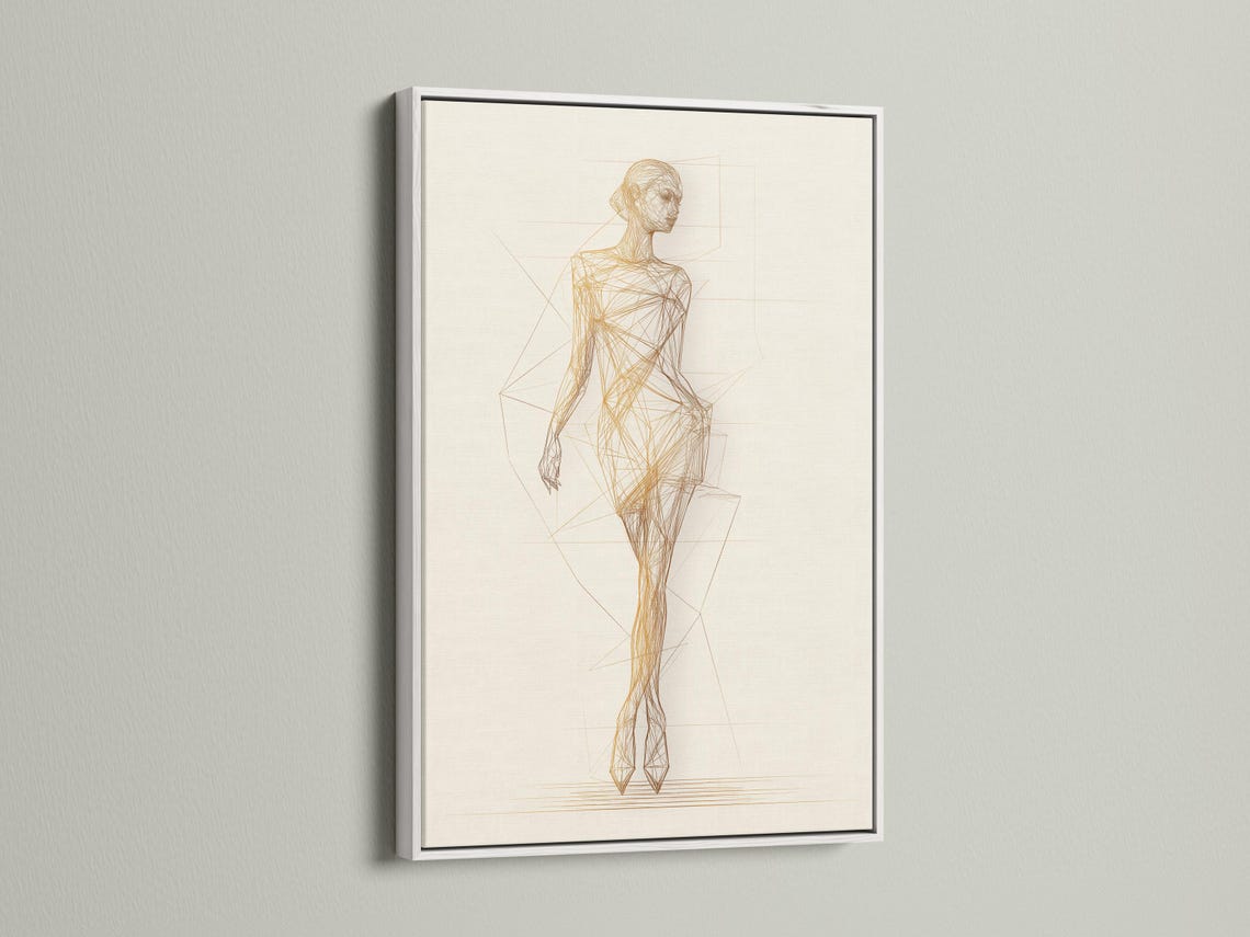Minimalist gold line drawing of a standing woman with faint geometric grid lines detail view