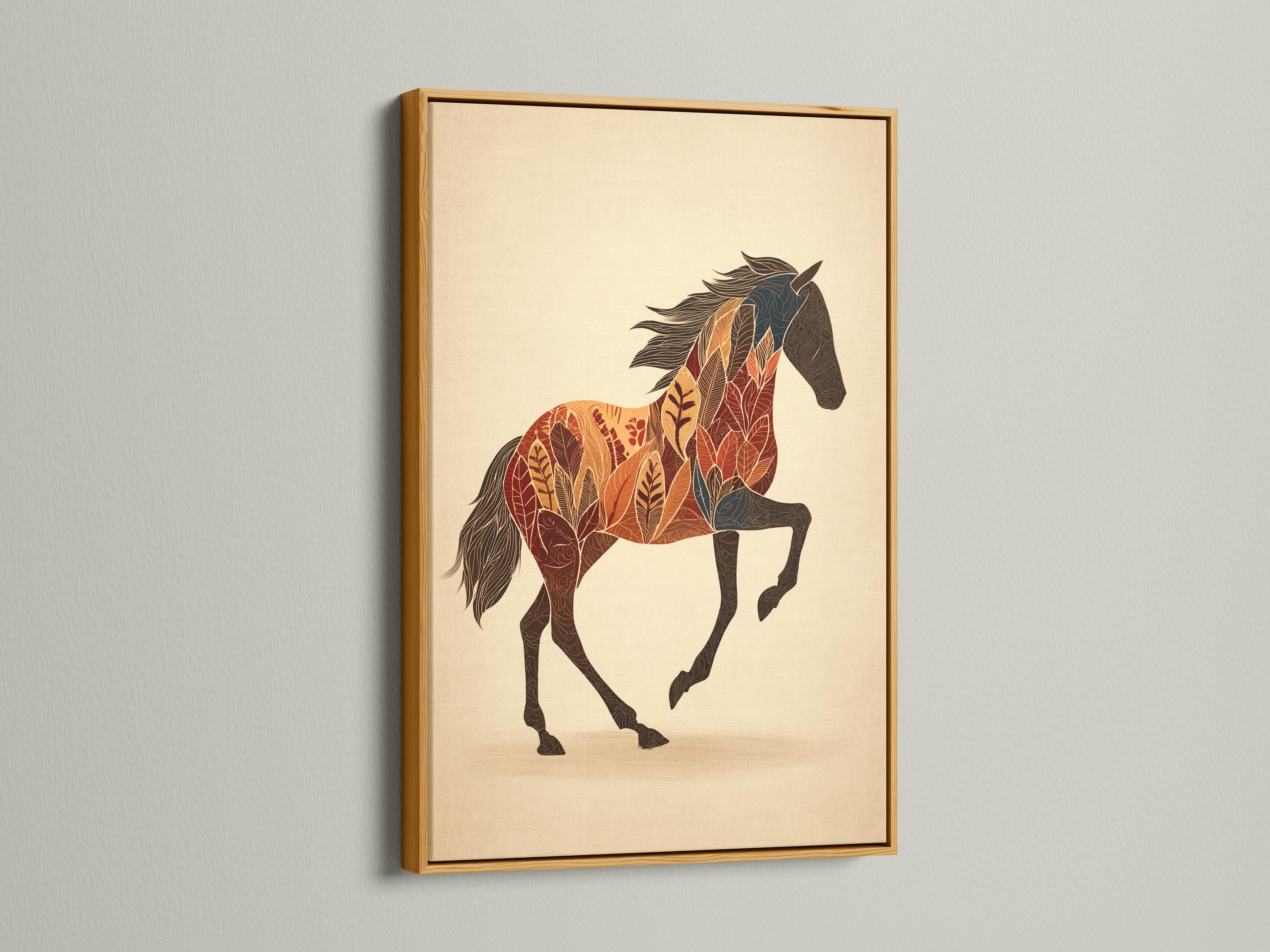 Mockup of a framed horse artwork with botanical leaf pattern on a pale beige background