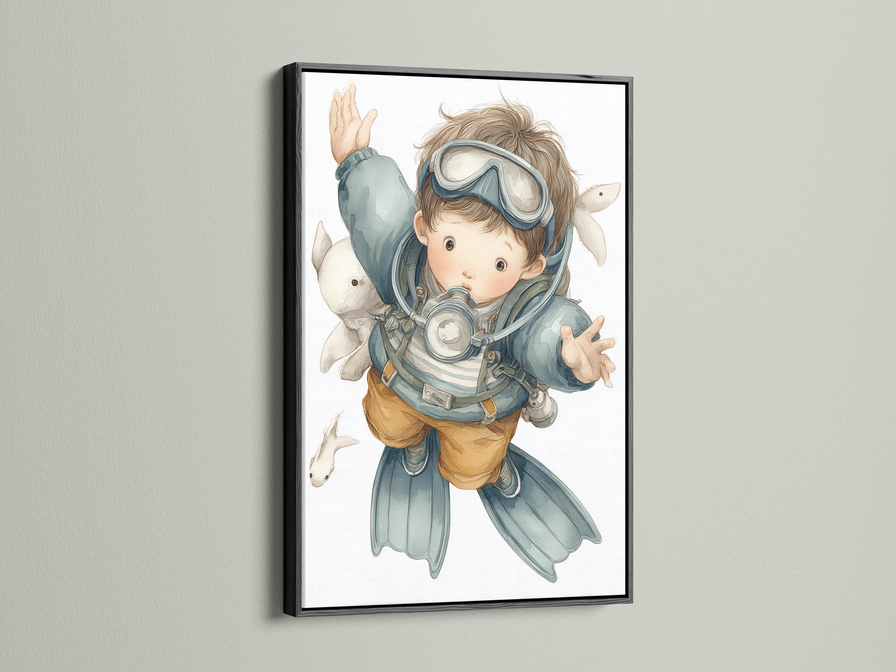 Scuba diving boy illustration with underwater fish floating around him detail view