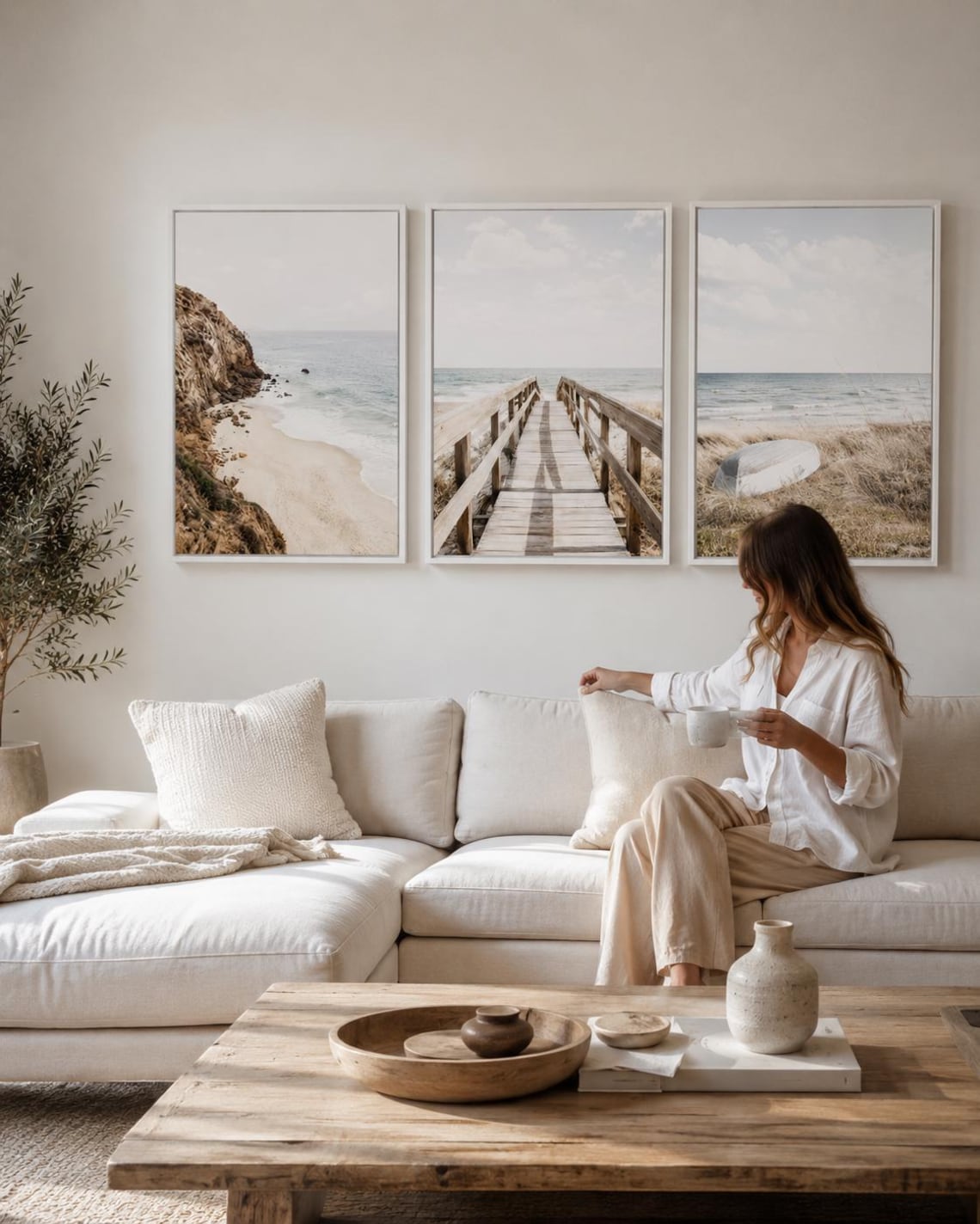 Three-panel neutral beach artwork showing rocky shore, boardwalk, and dunes with grasses detail view