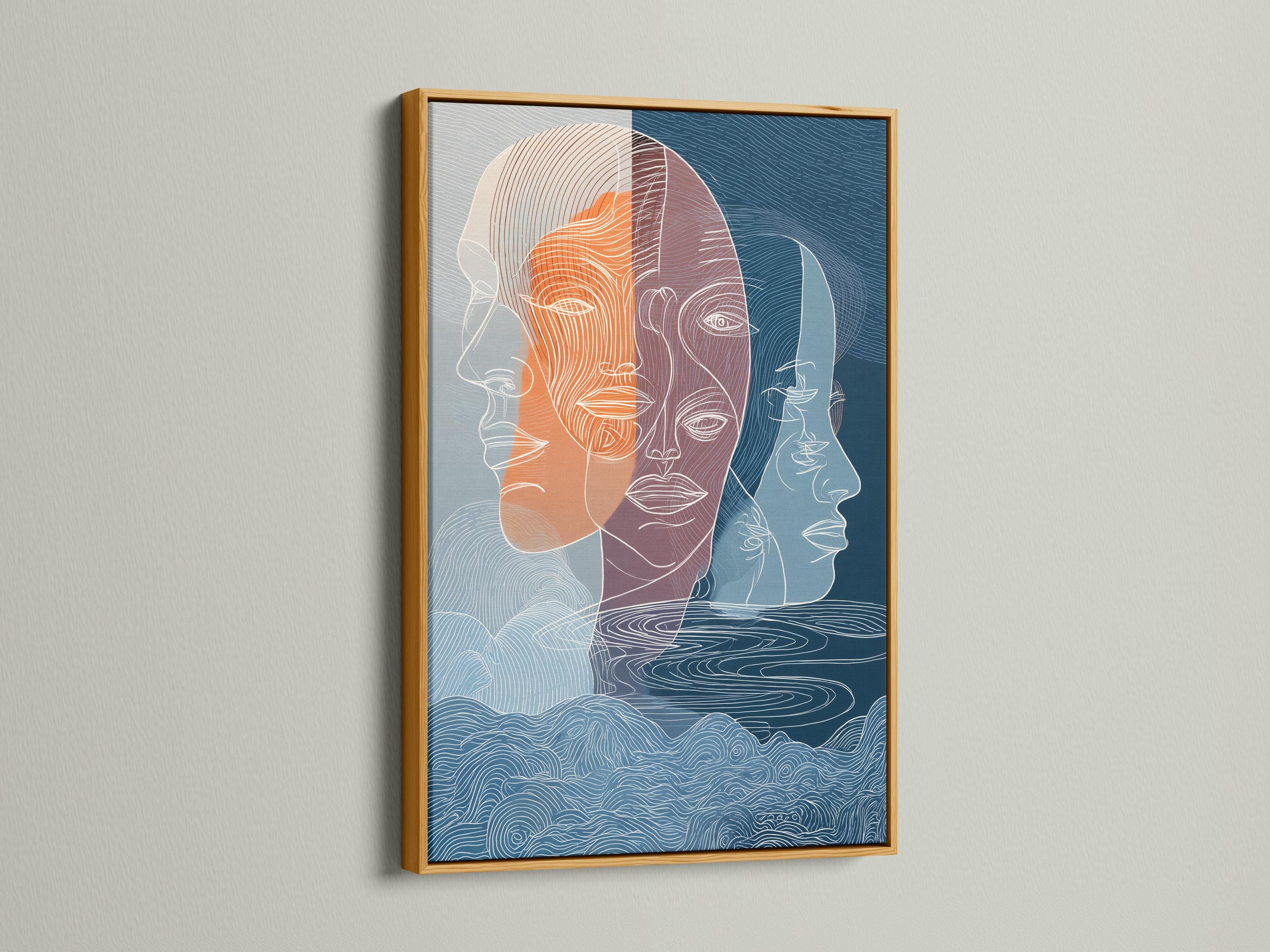 A pair of abstract line-illustrated faces fills the centre, layered in indigo, teal and warm terracotta/orange with flowing contour lines detail view