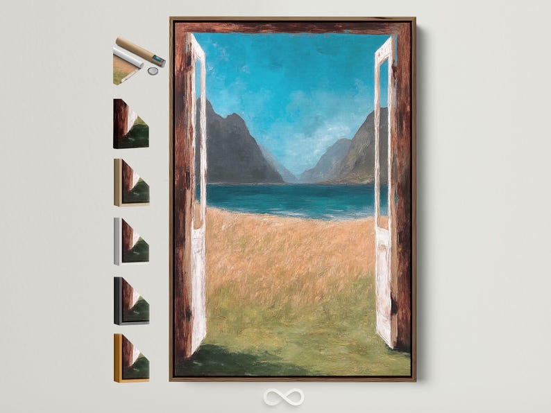 Painterly turquoise seascape framed by open doorway edges with mountains and sandy shore