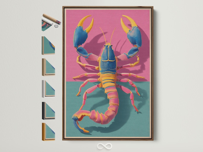 Stylised blue lobster with gold claws on a hot pink and teal sea background