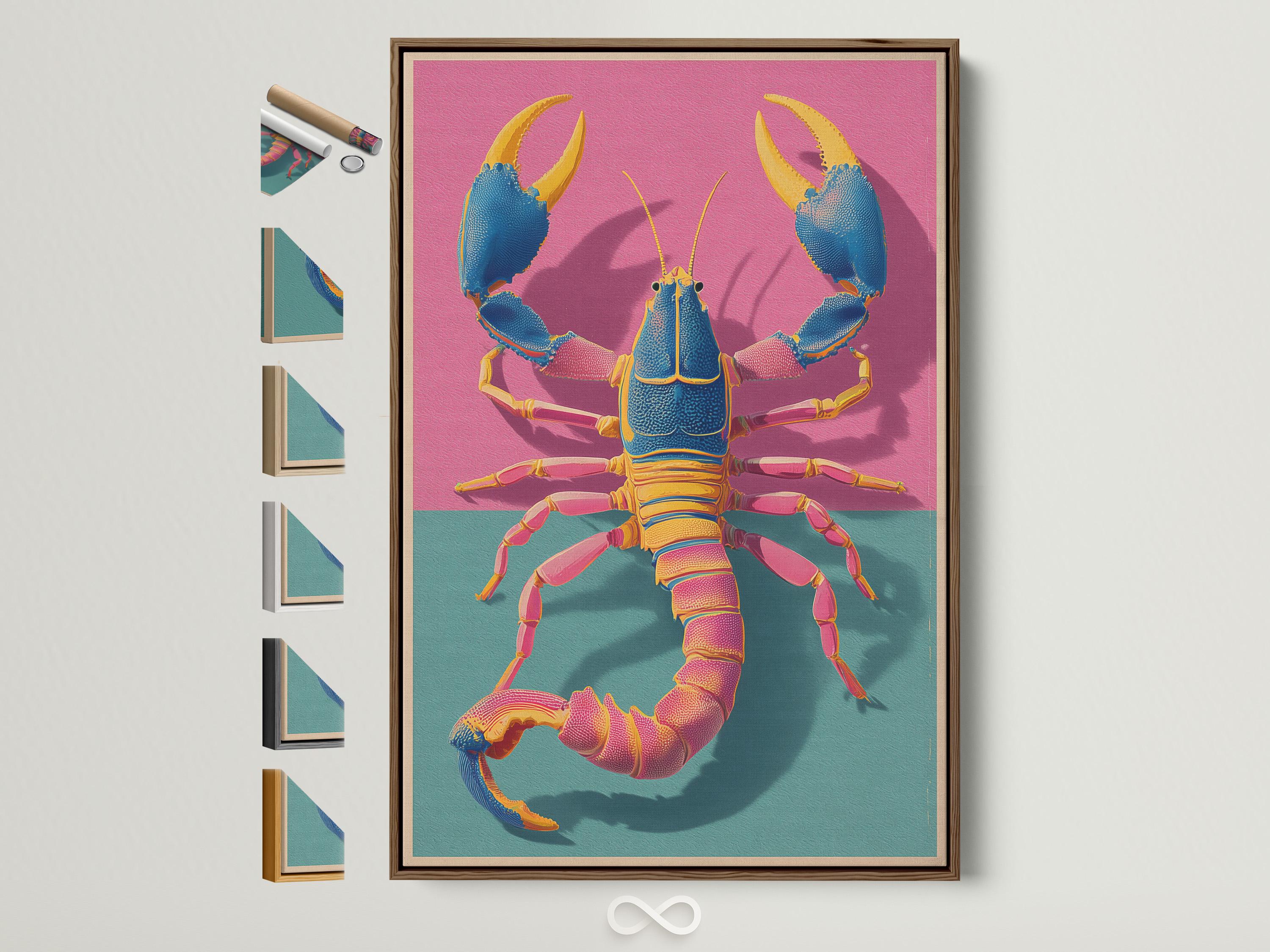 Stylised blue lobster with gold claws on a hot pink and teal sea background