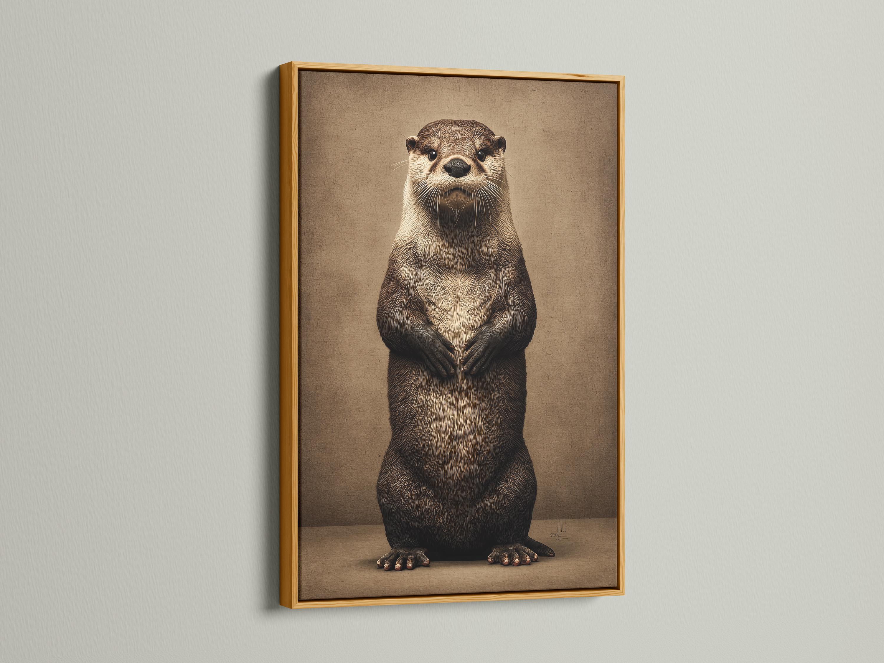 Stylised otter standing upright on a textured taupe background detail view