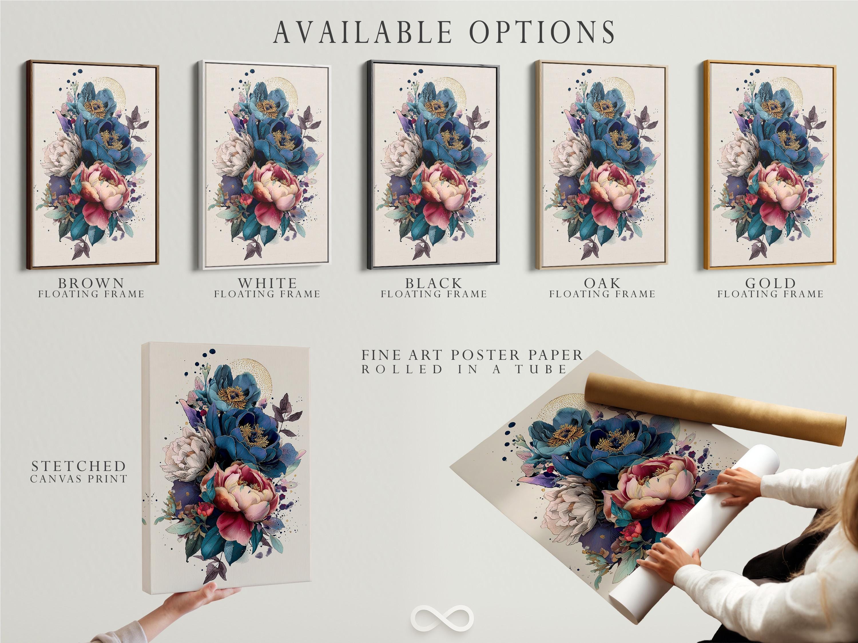 Painterly peony floral illustration with teal foliage, pink petals and subtle gold specks detail view