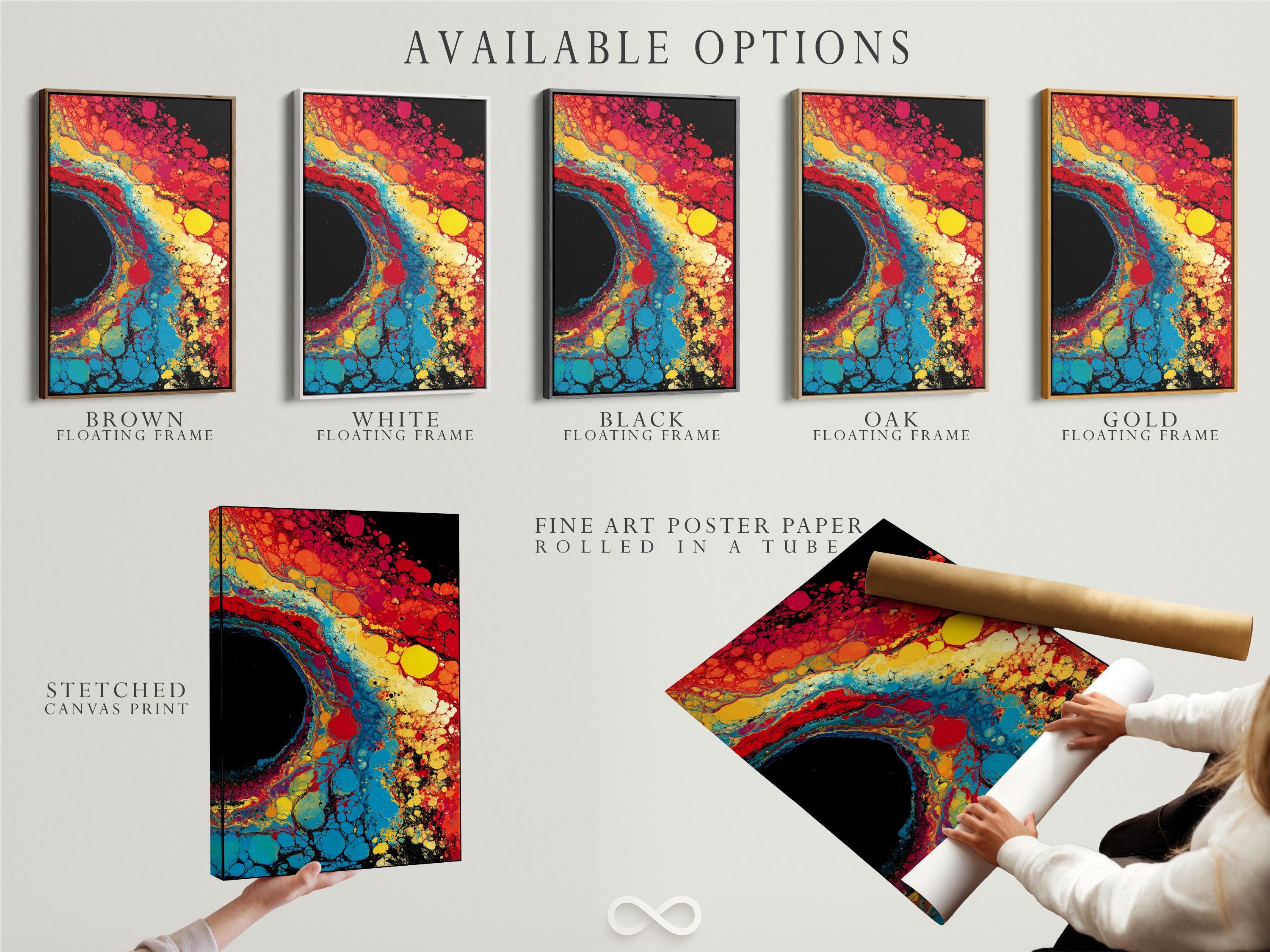Fluid abstract artwork with red, blue, yellow and black bubble-like cells detail view