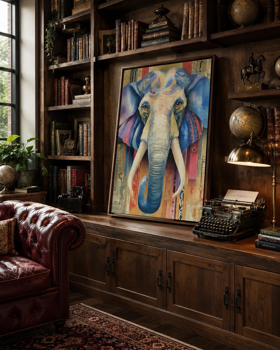 A stylised blue elephant portrait with patterned, map-like details sits centre-stage within a colourful, vintage-inspired background detail view