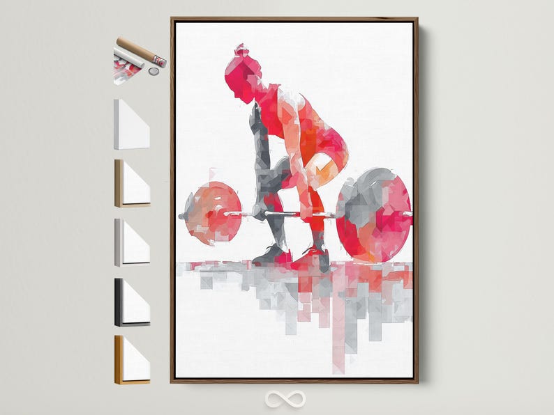 Stylised weightlifter made from red and grey geometric facets, lifting a segmented barbell