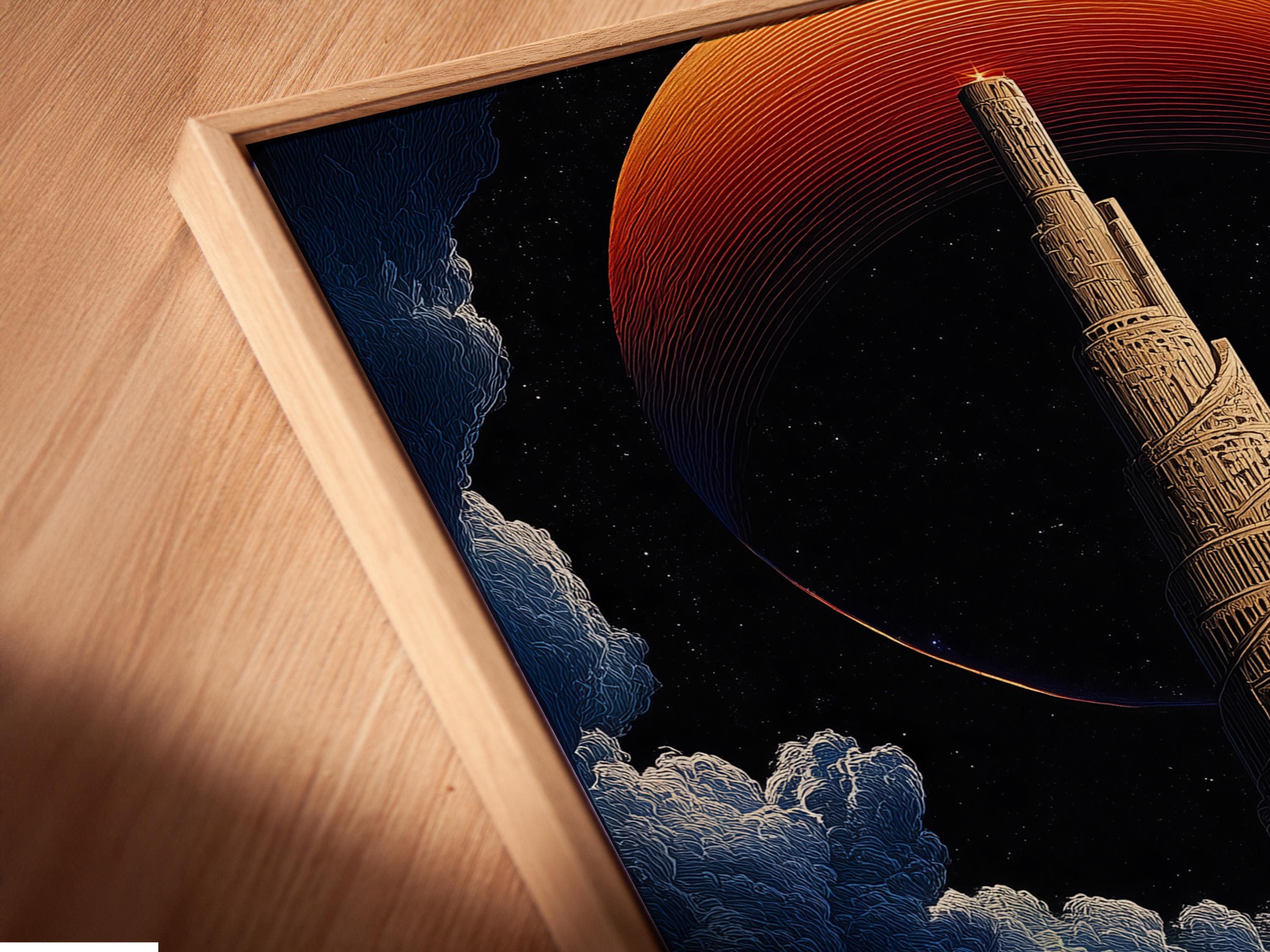 Surreal tall tower artwork with a red-orange sun, clouds, and a lava-like landscape detail view