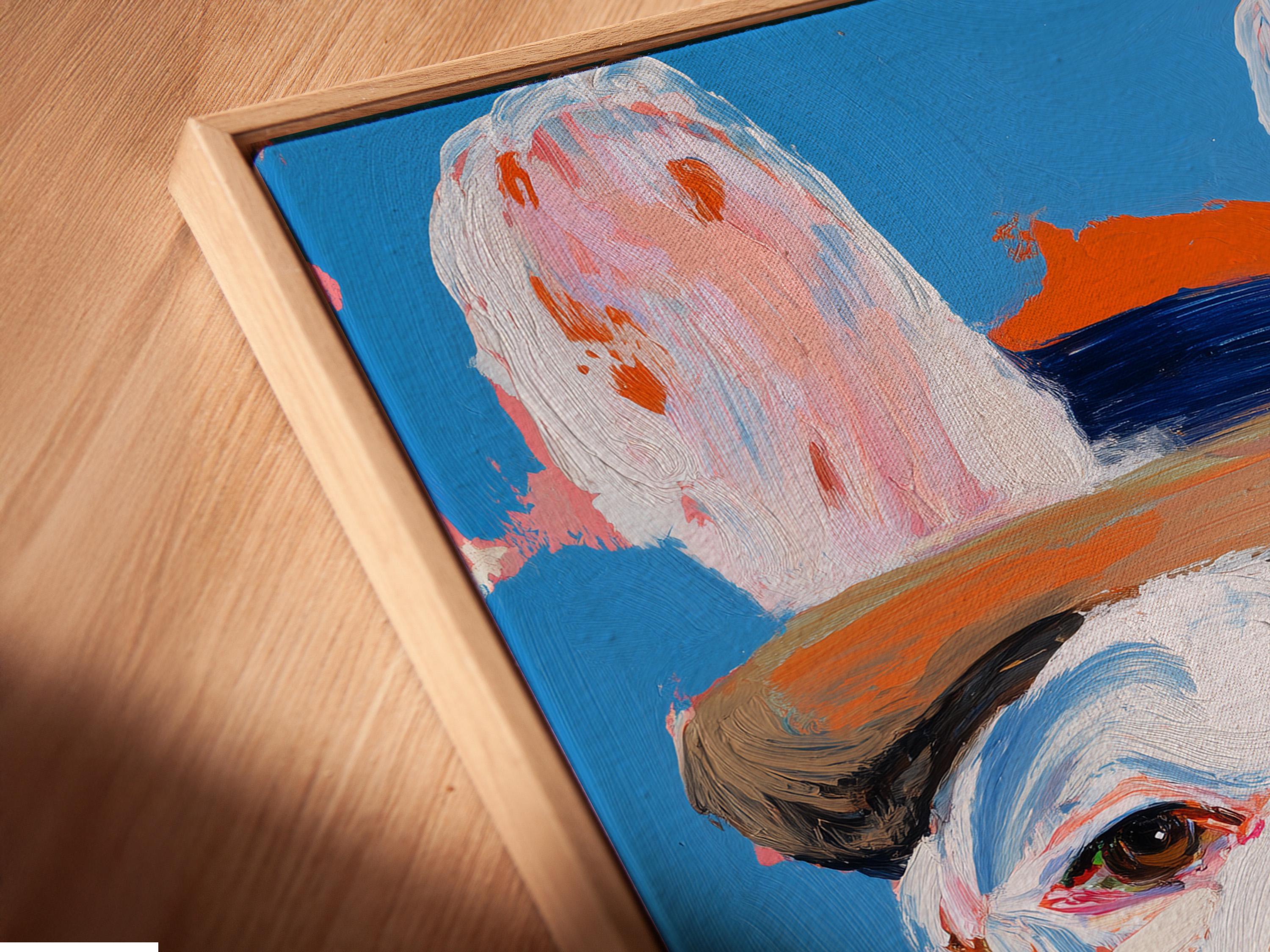 Painterly bulldog portrait with a cigar against a bright blue background detail view