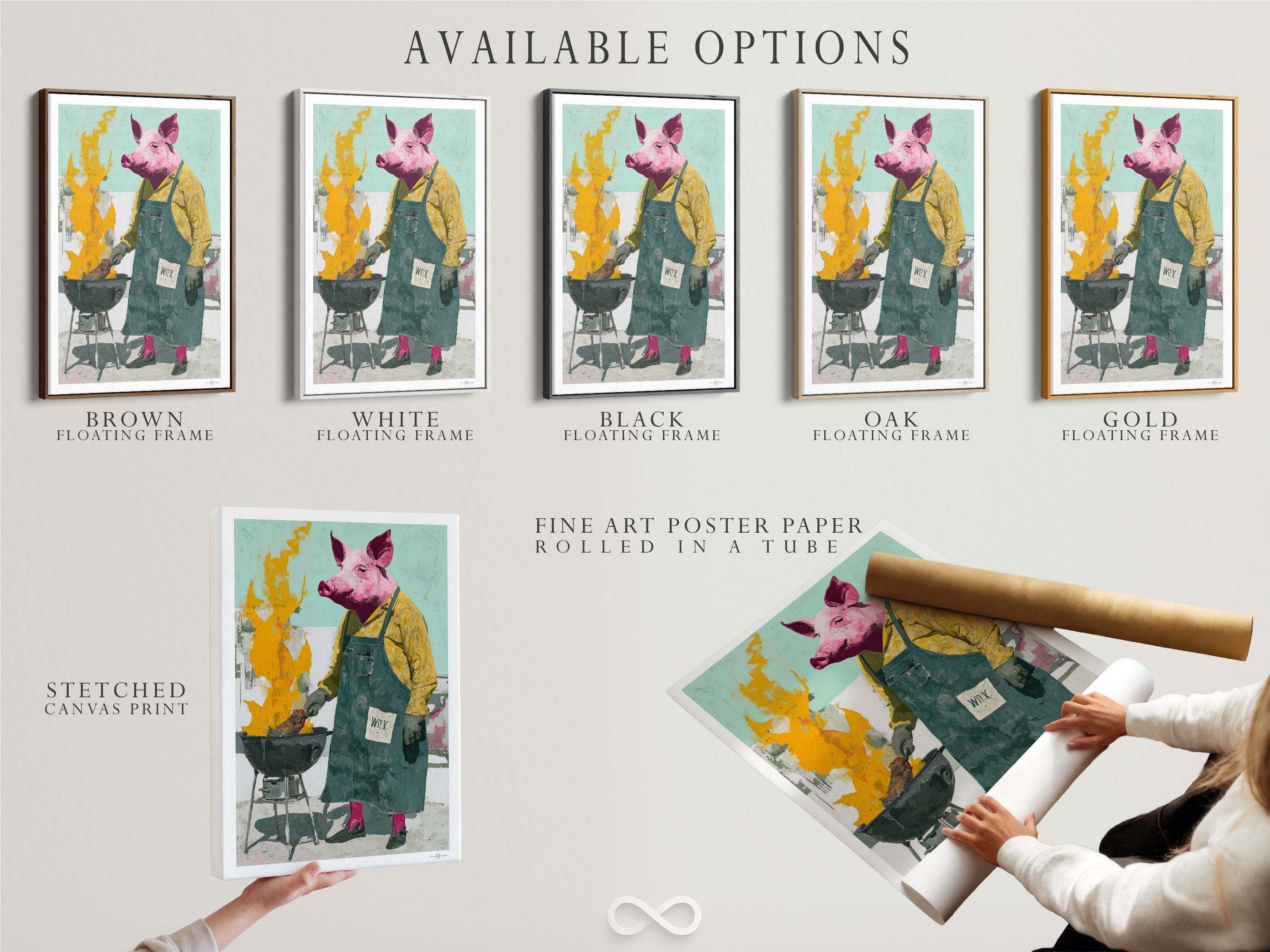 Quirky pig chef illustration by a grill with yellow flames and a mint green background detail view
