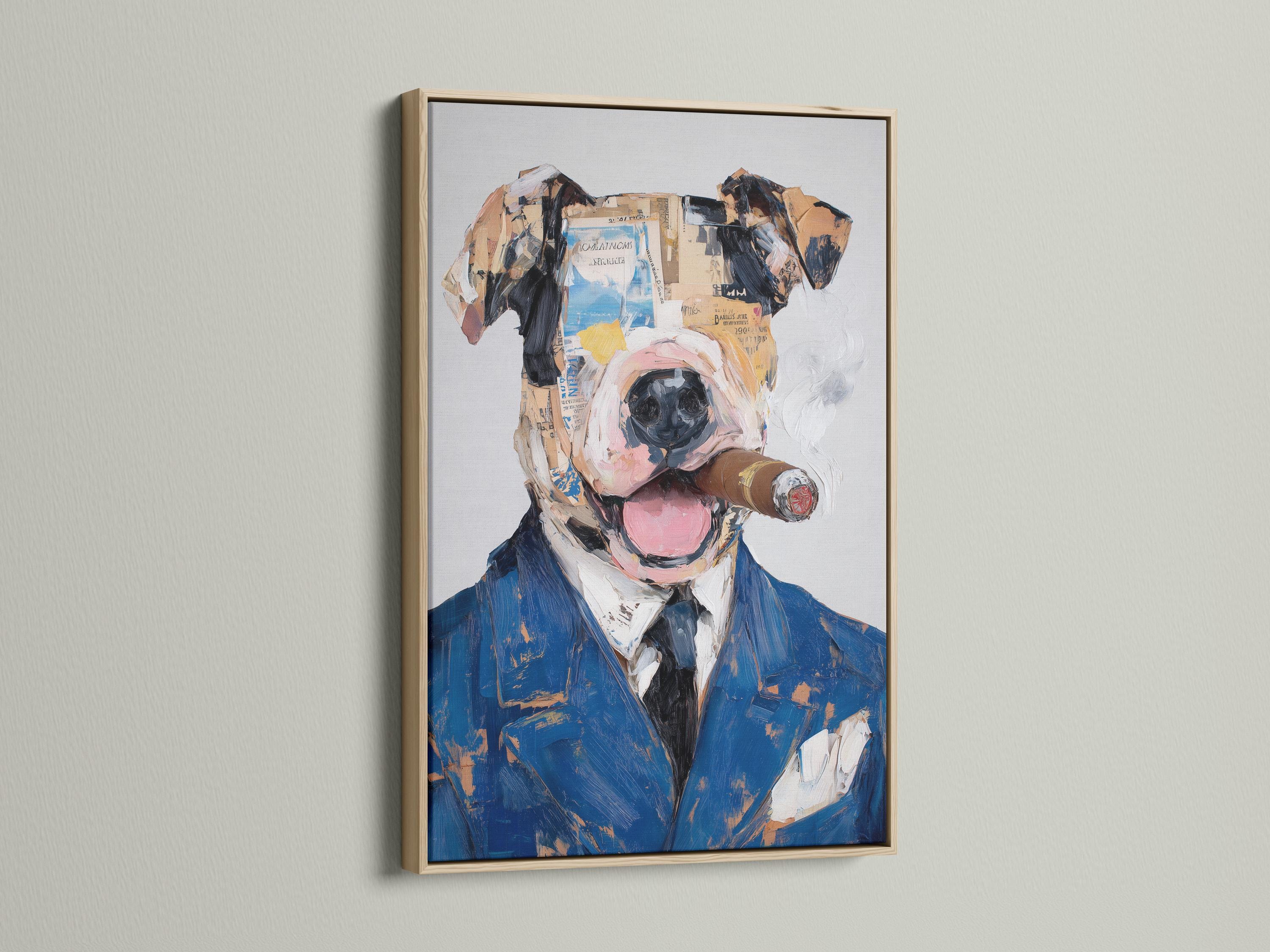 Stylised dog portrait in a blue suit with painterly collage-like texture detail view