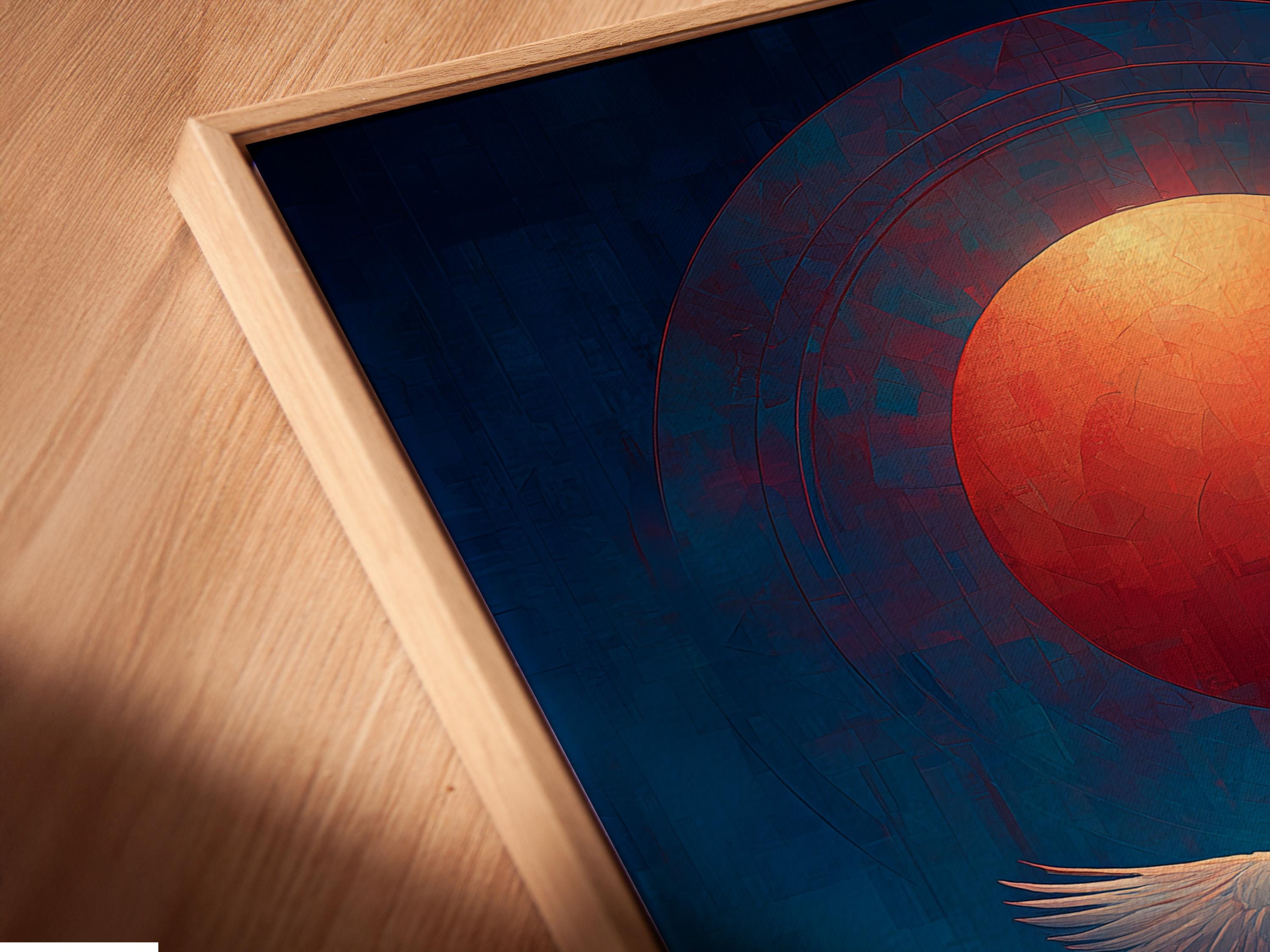 Artwork mockup showing a framed eagle over a blue and red mountain landscape with a glowing red sun