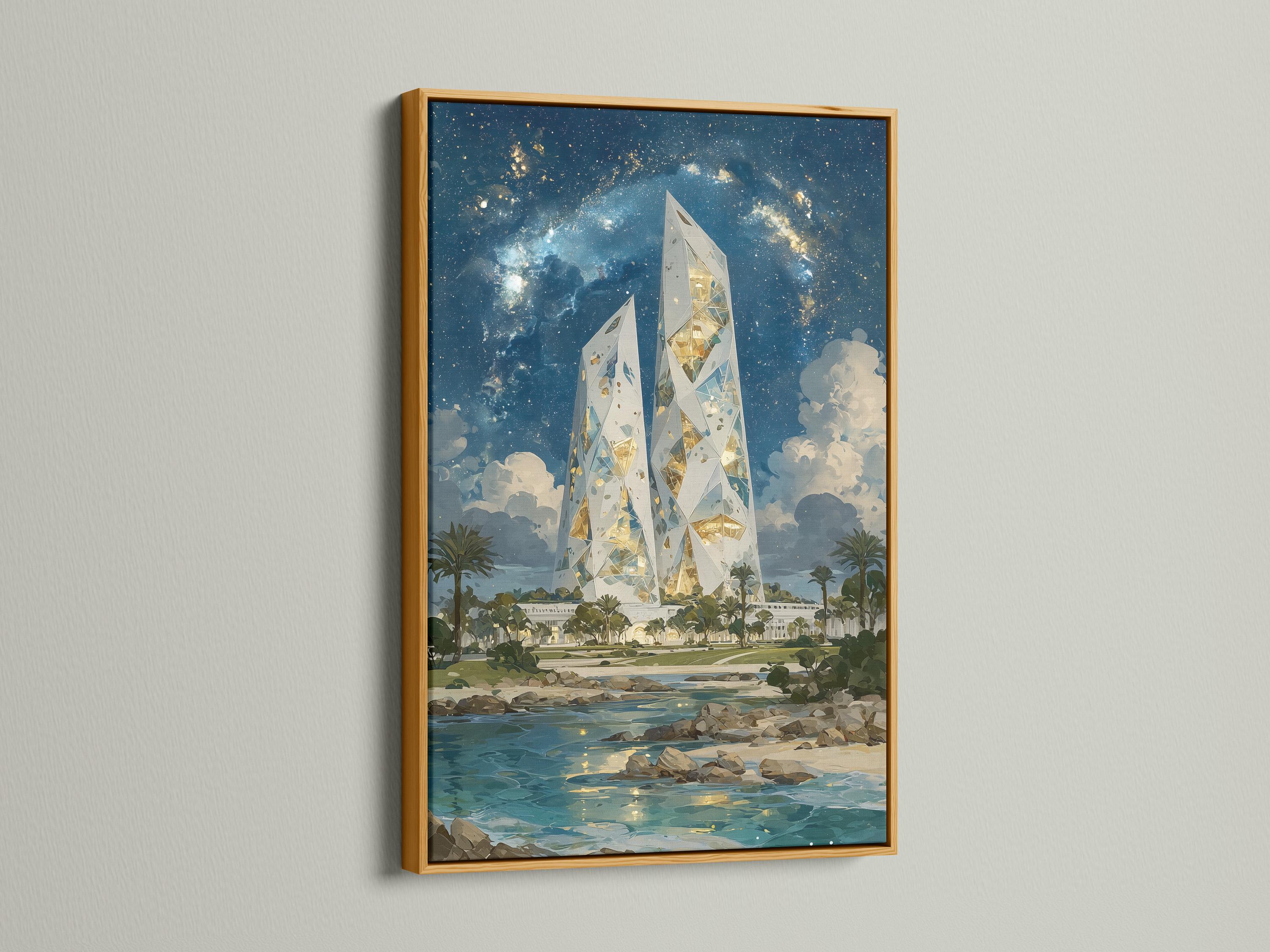 Wall mockup showing a framed artwork of glowing crystal towers over a starry night coastline