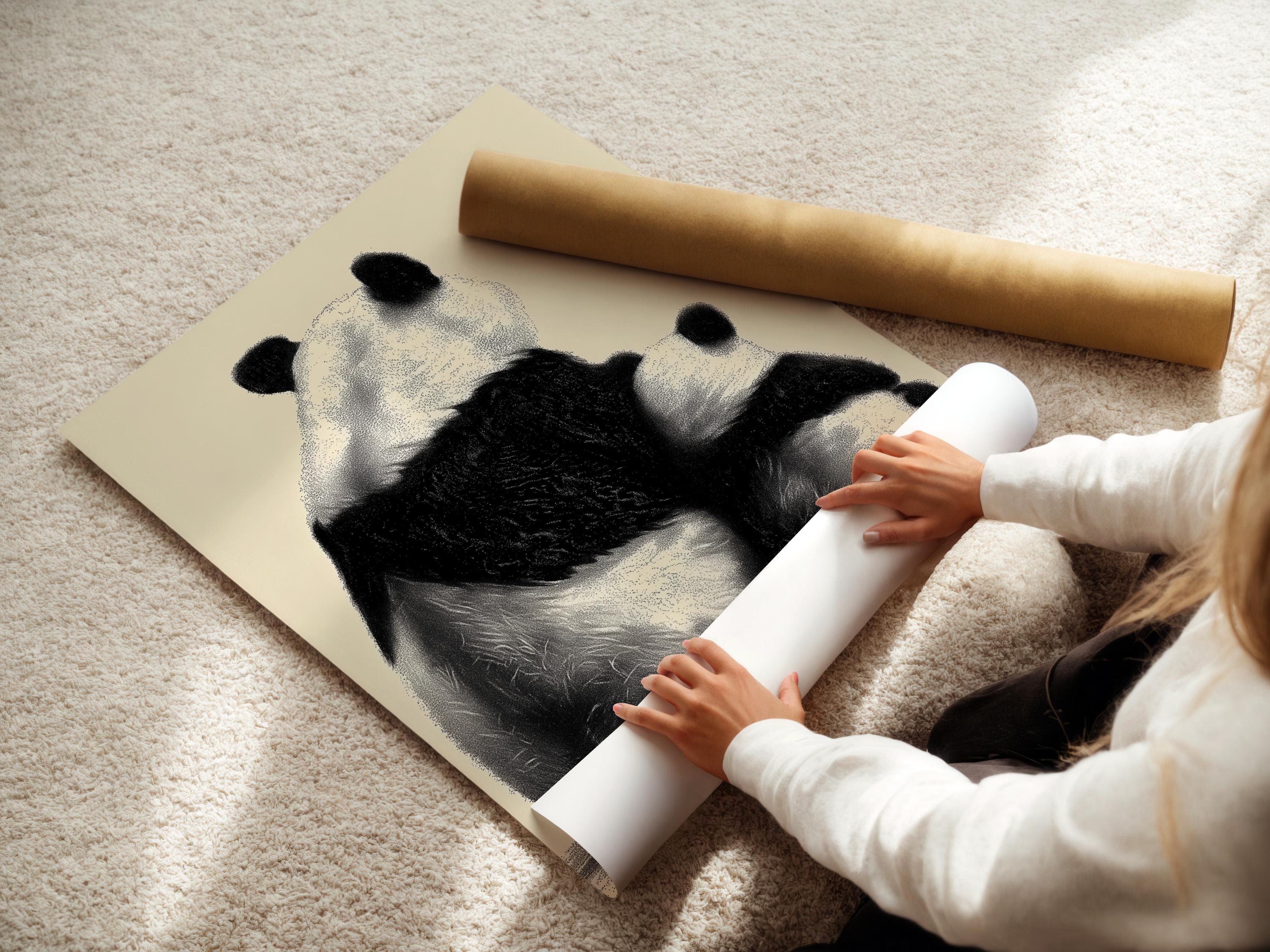Wall mockup showing a framed panda portrait artwork in black and beige
