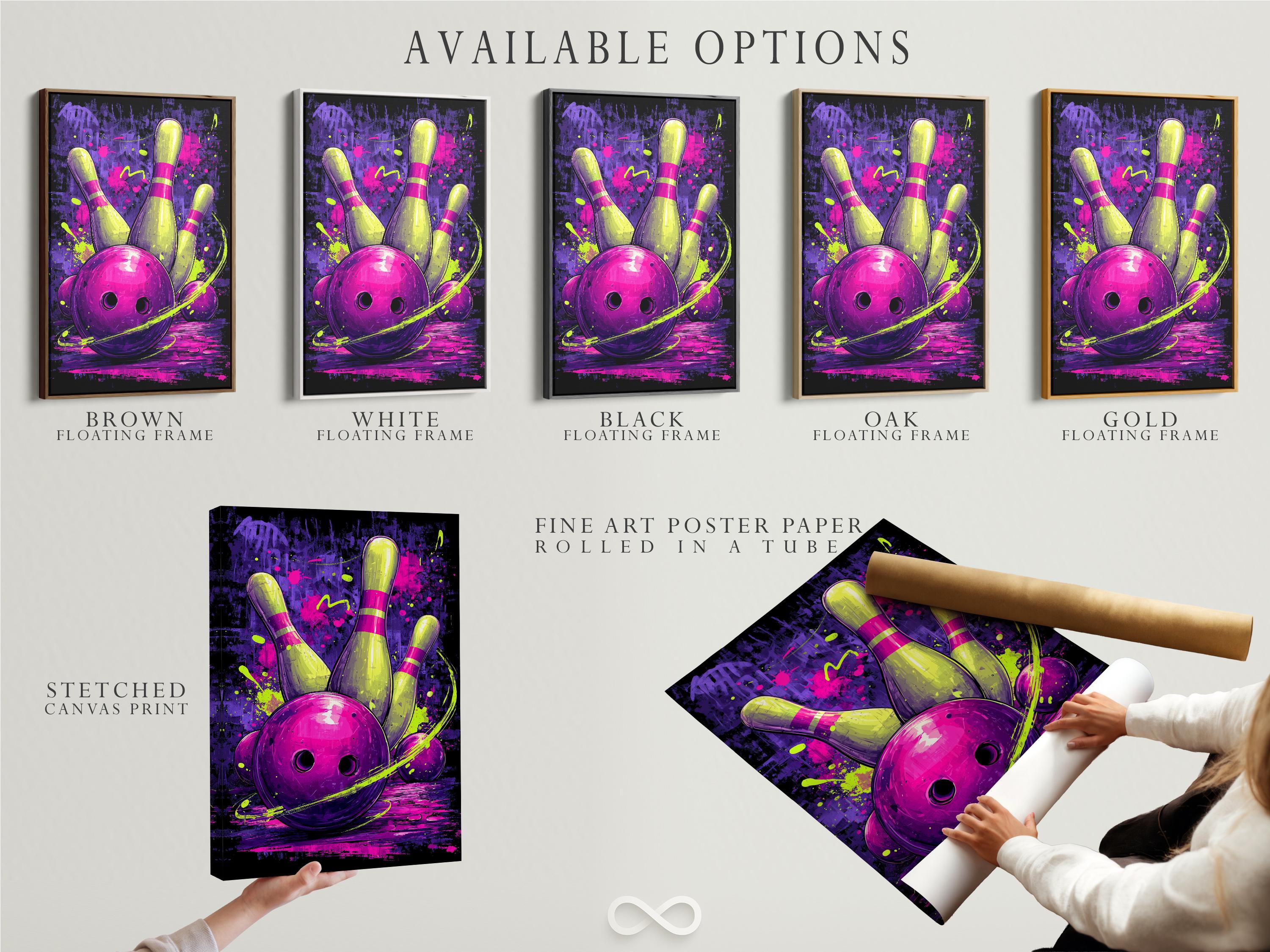 Neon purple and pink bowling pins and ball with yellow-green splatters detail view