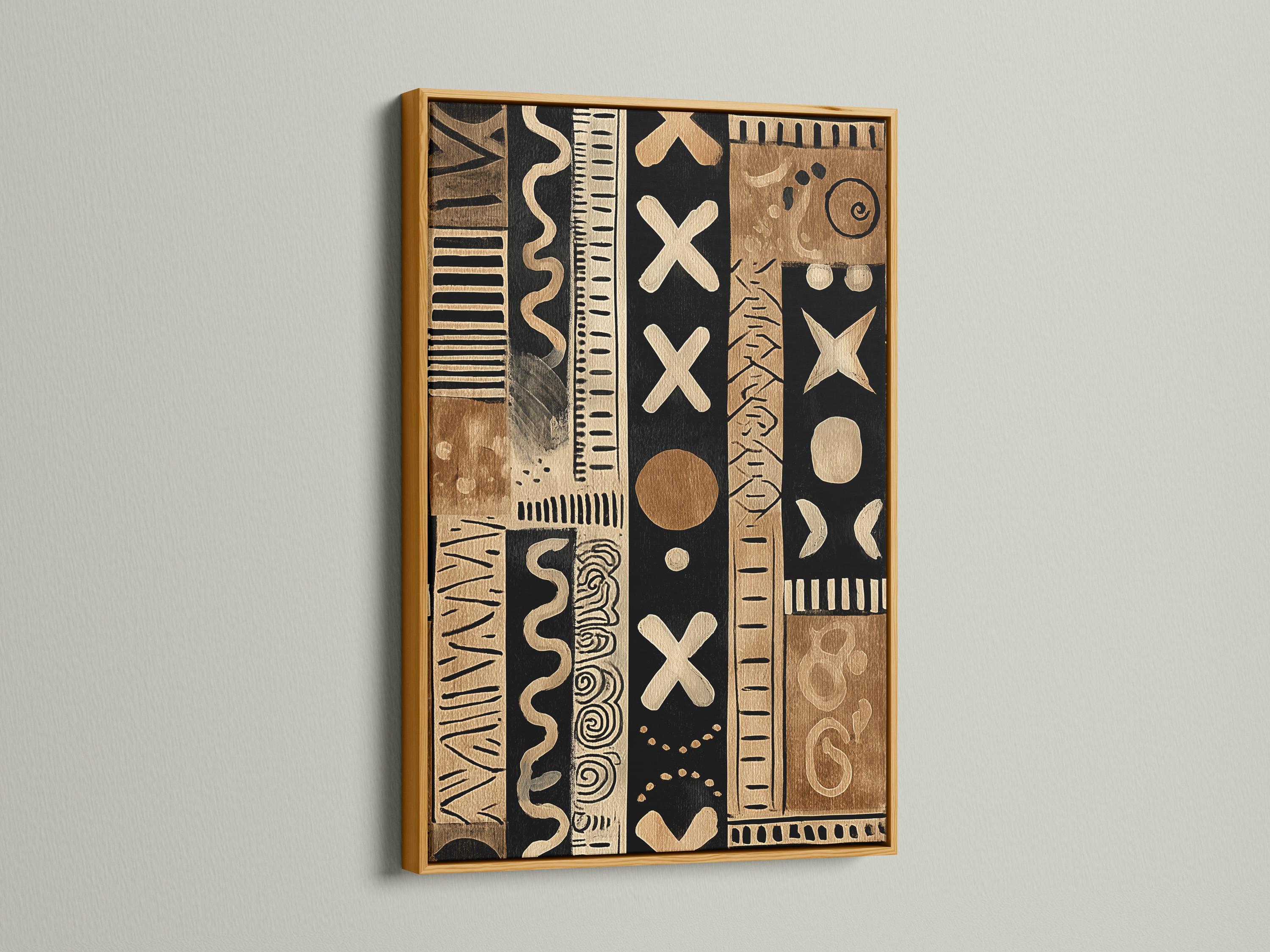 Living room mockup with a framed beige and black tribal abstract pattern above a sofa