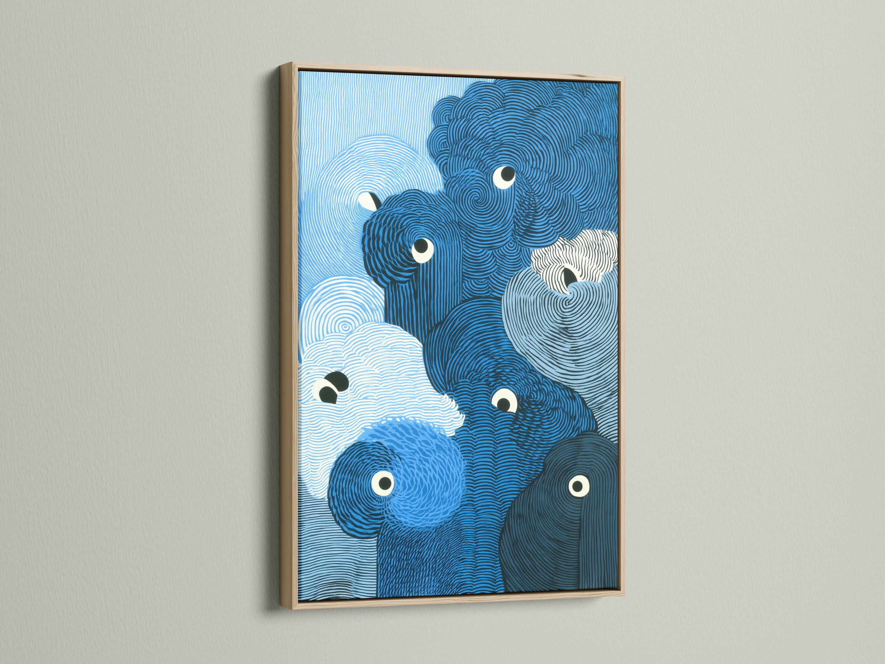 A blue animal portrait style artwork features overlapping rounded forms with spiralling contour lines and large cartoon eyes detail view
