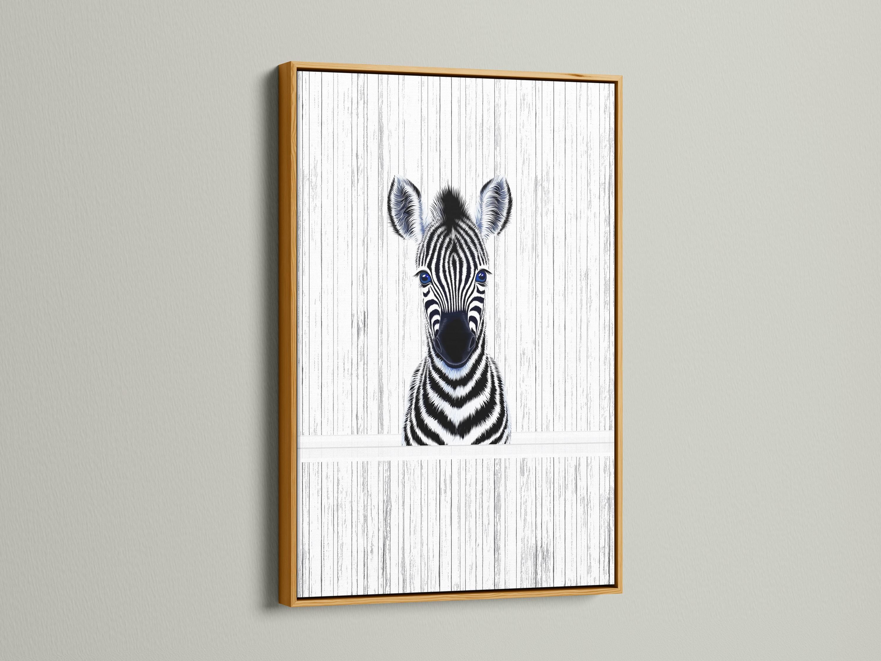 Room mockup showing framed zebra portrait wall art with black and white stripes and blue eyes