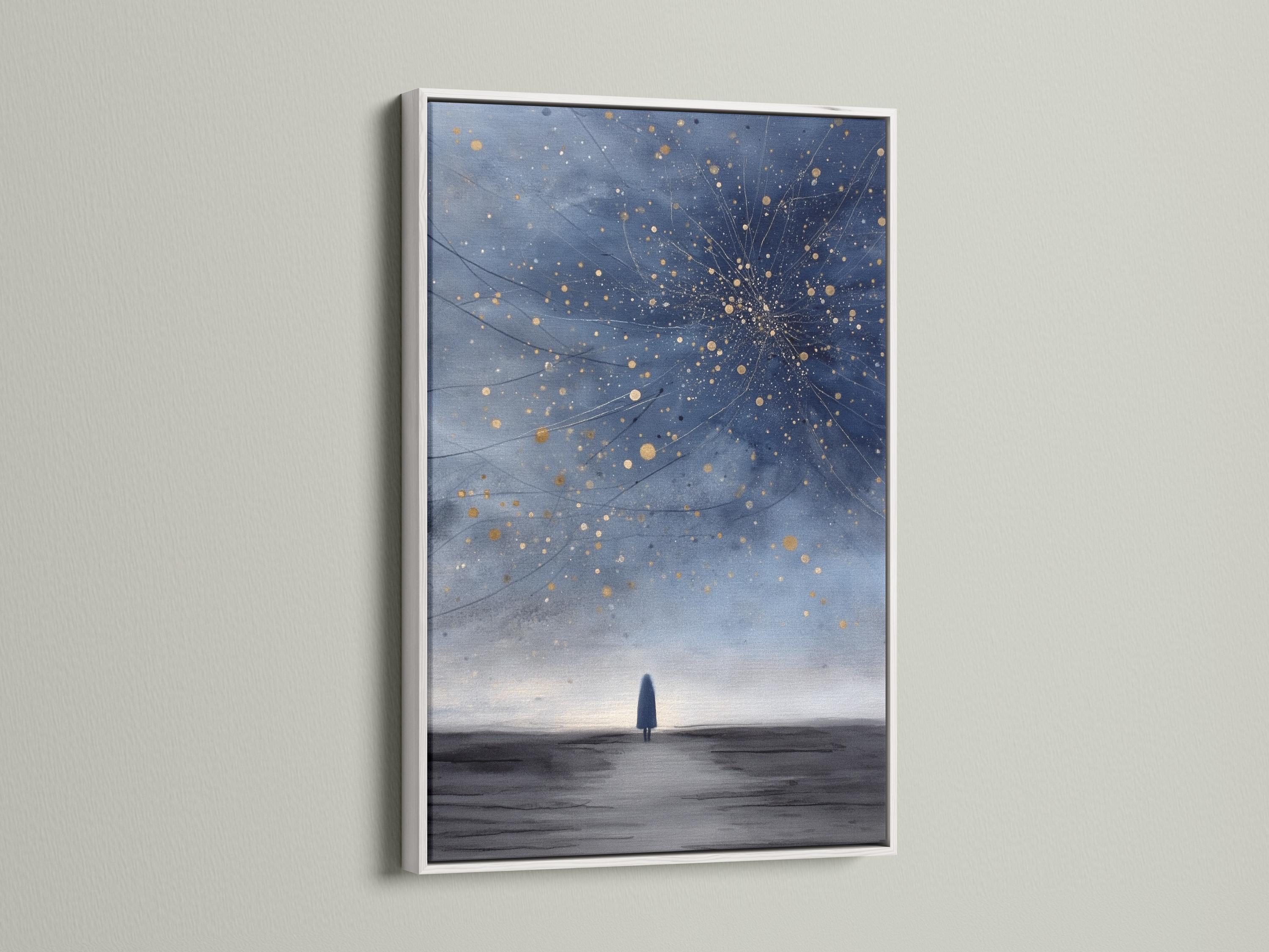 Room mockup showing framed navy blue starry night artwork with golden star dots and cosmic lines