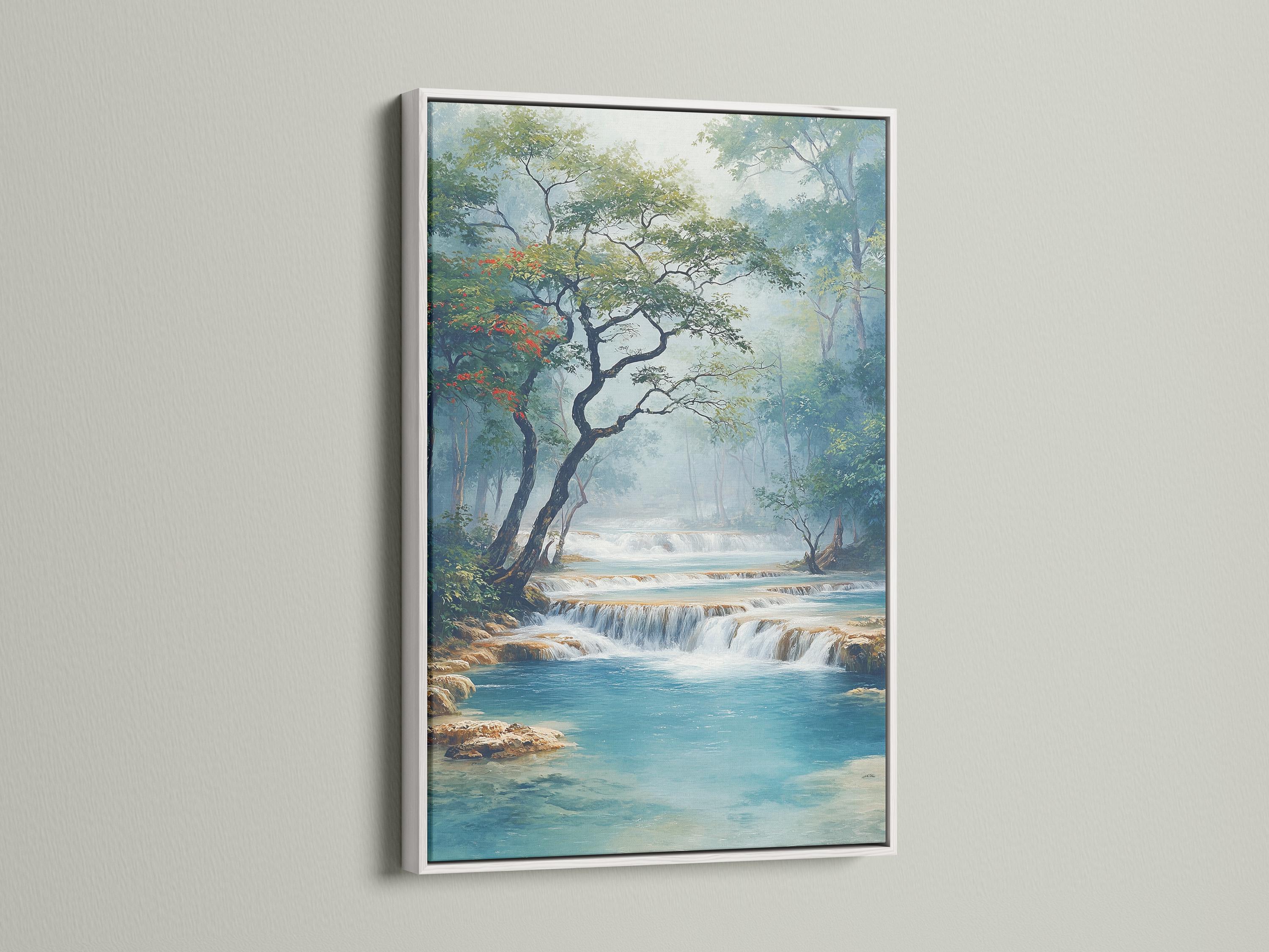 Blue and green waterfall landscape with misty trees and turquoise water detail view