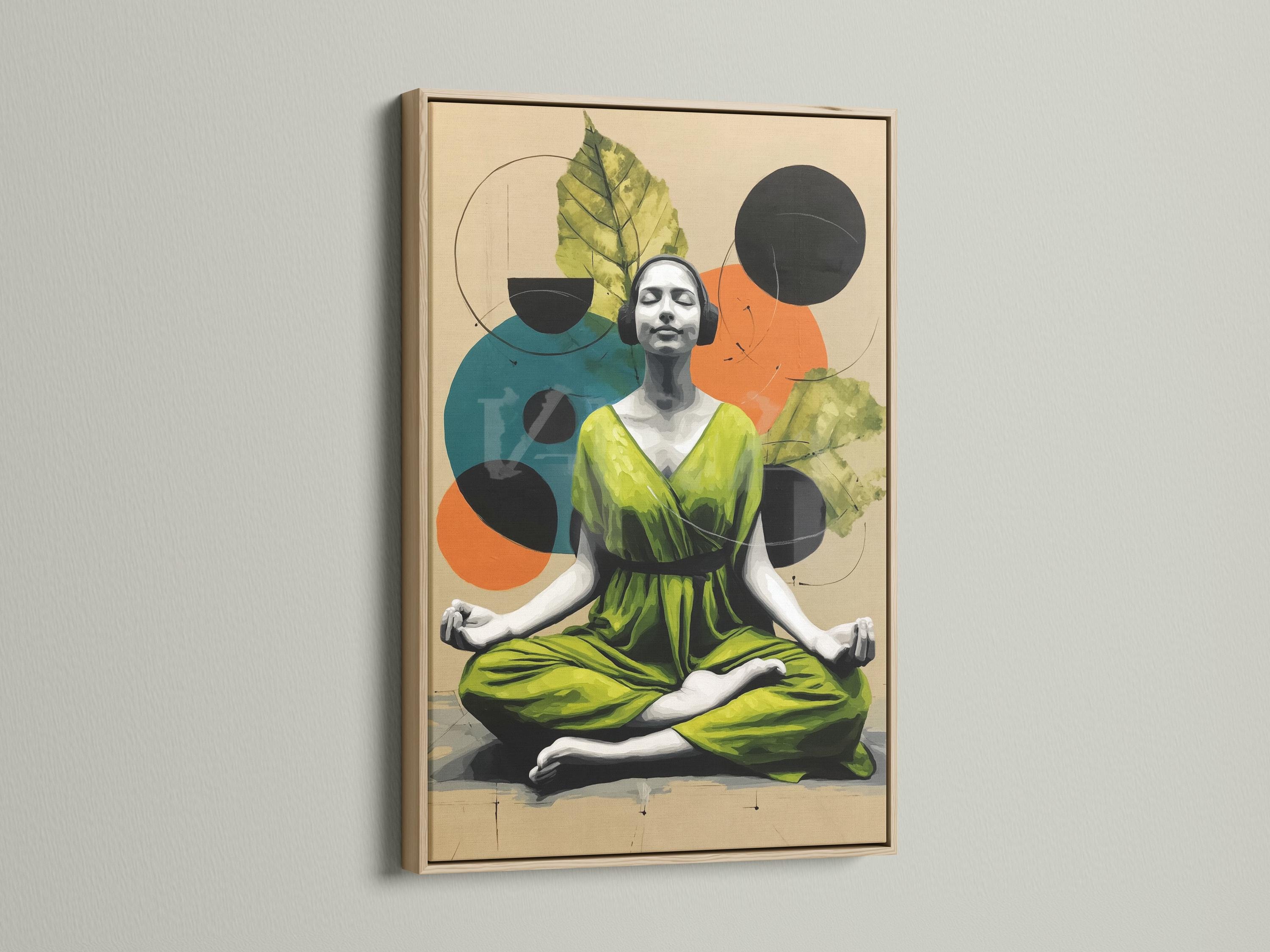 Seated woman in a yoga pose with botanical leaves and overlapping circles in lime green and orange detail view