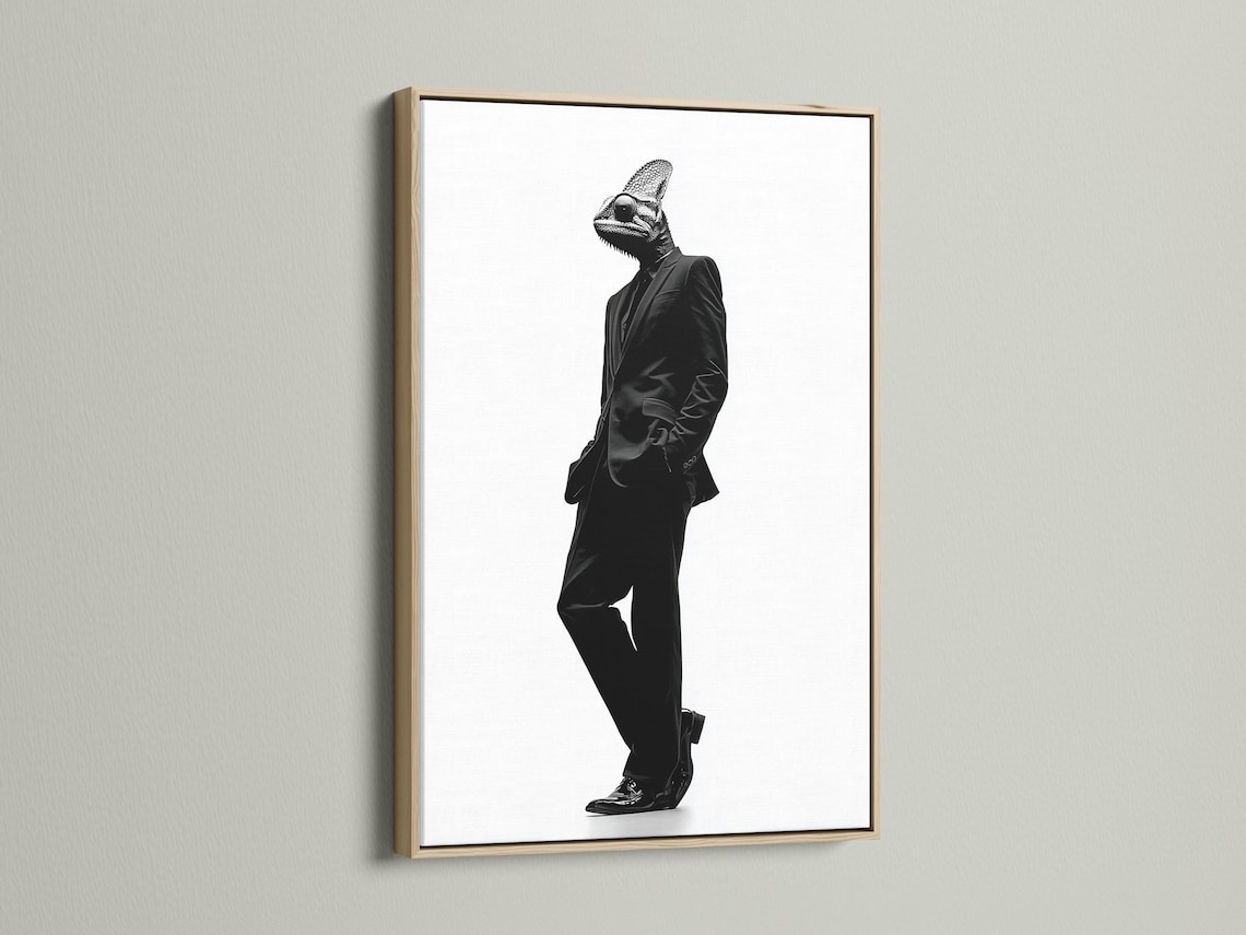 A monochrome chameleon head and suited figure walk in profile against a bright white background, rendered in high-contrast ink-like detail detail view
