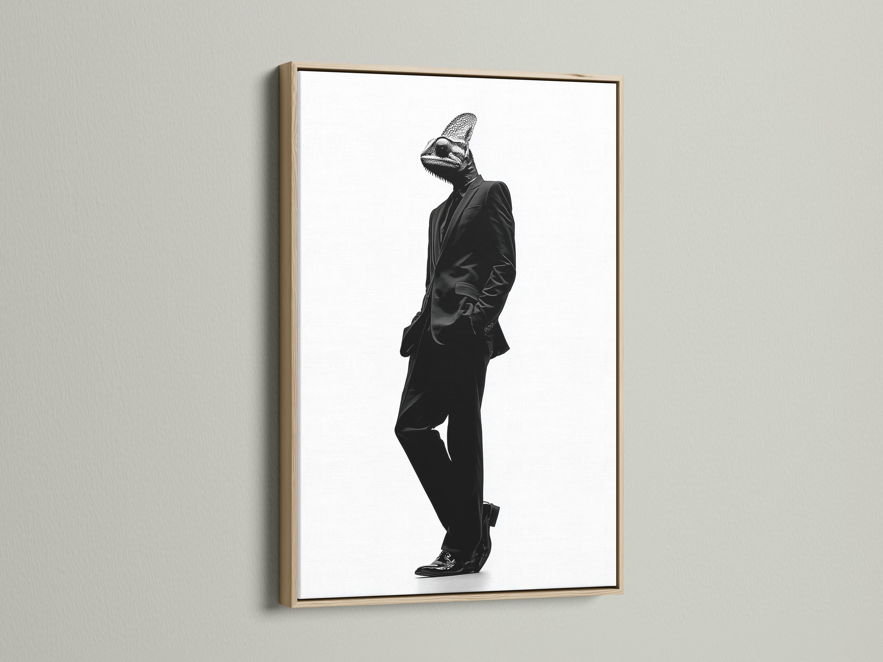 A monochrome chameleon head and suited figure walk in profile against a bright white background, rendered in high-contrast ink-like detail detail view