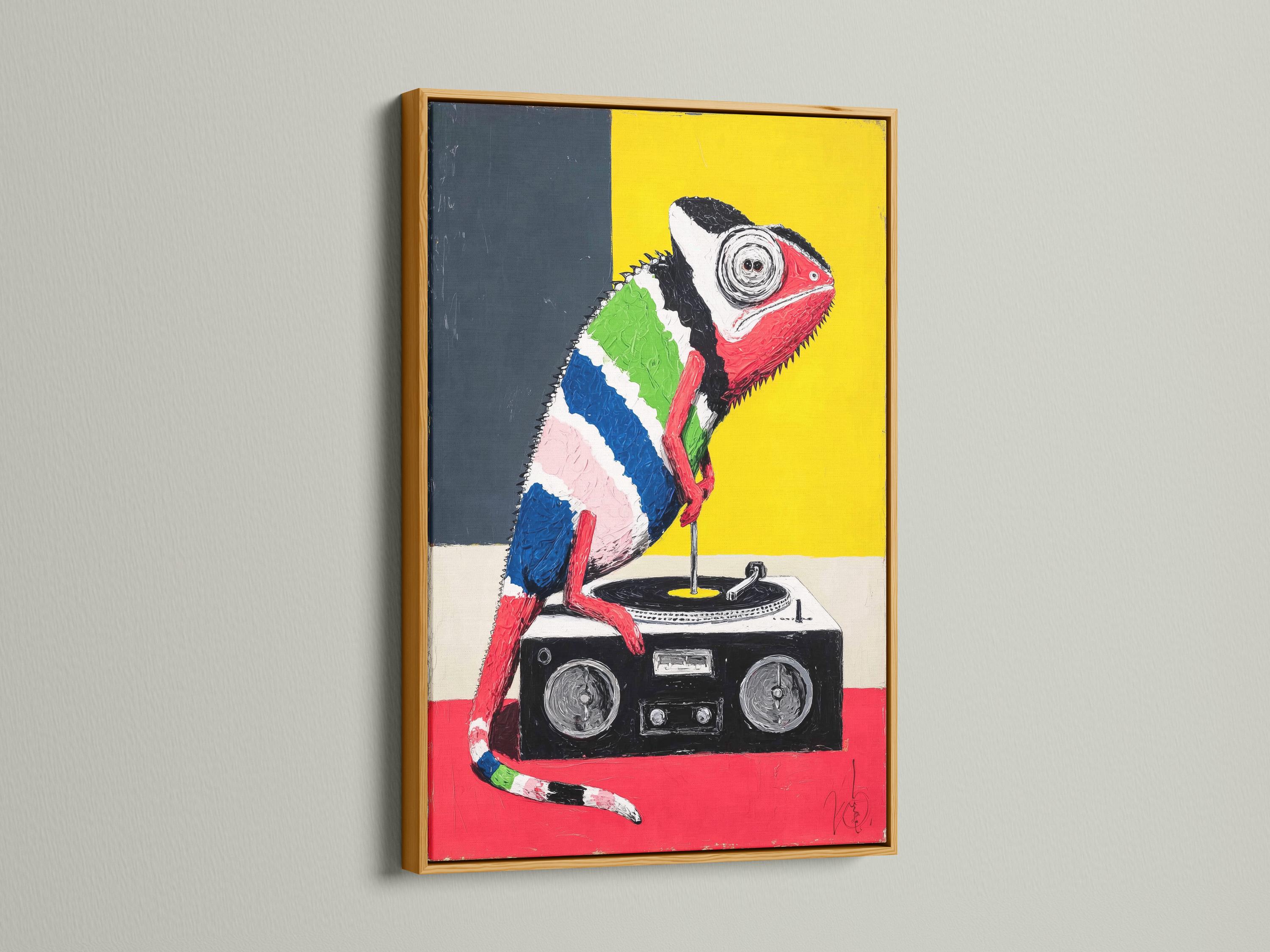 Pop-art chameleon DJ artwork with thick black outlines, bright yellow and red background blocks detail view