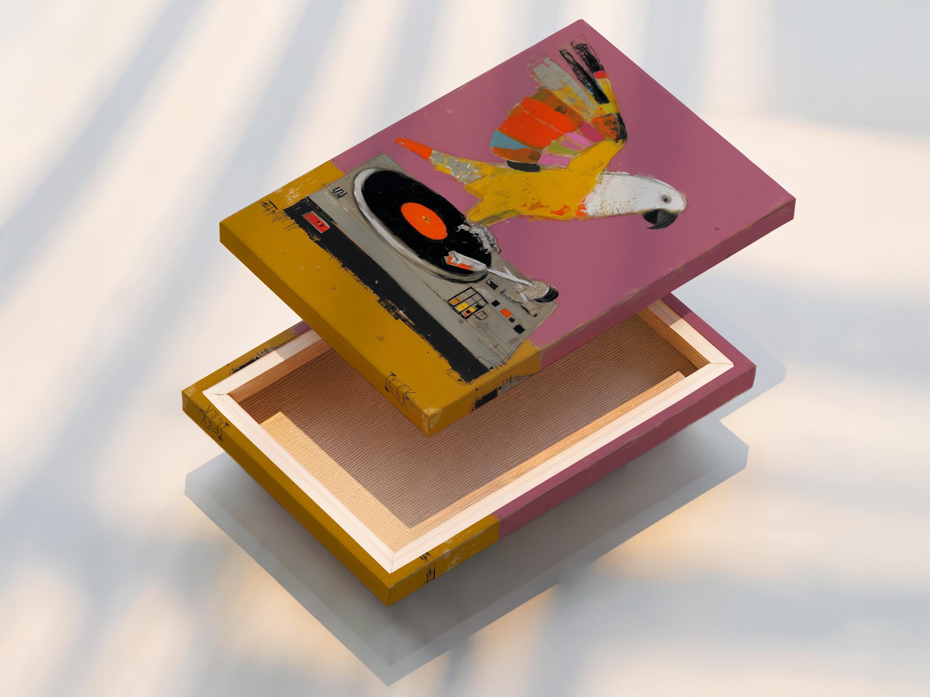 Colourful parrot perched on a turntable above a vinyl record, set against a pink-purple background detail view