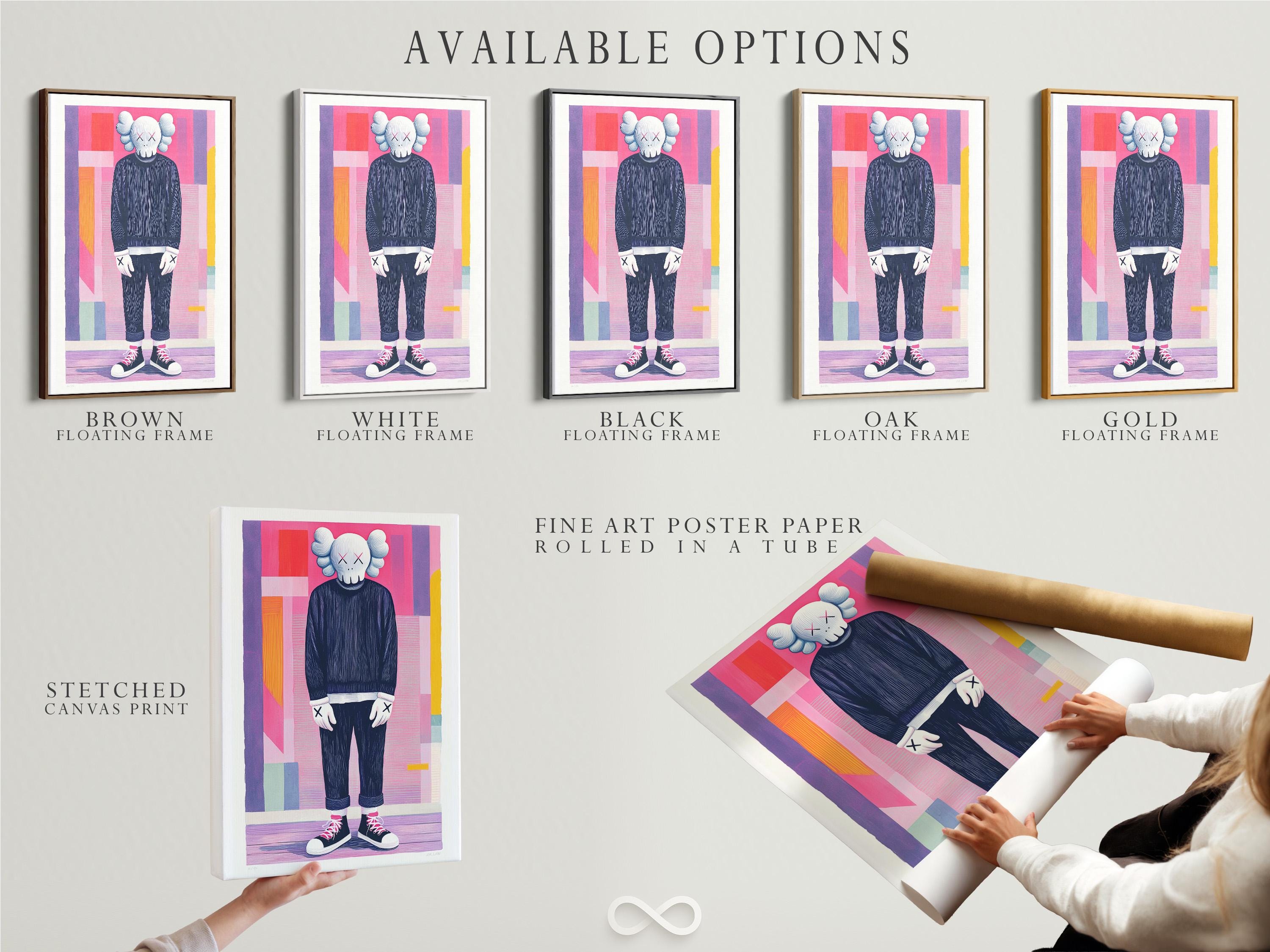 Room mockup showing a framed artwork with a pop-art figure and pink and purple geometric background