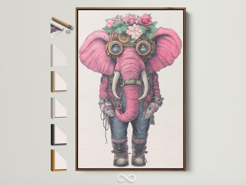 Pink elephant illustration with steampunk goggles and floral crown