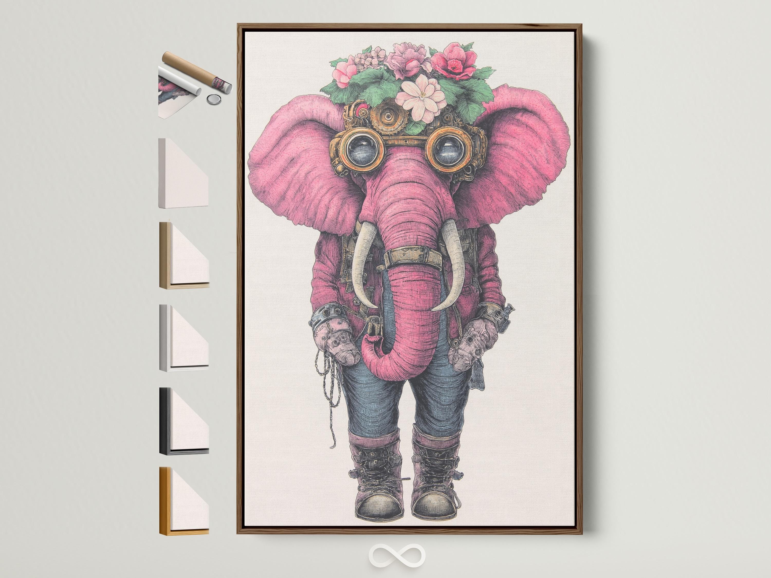 Pink elephant illustration with steampunk goggles and floral crown